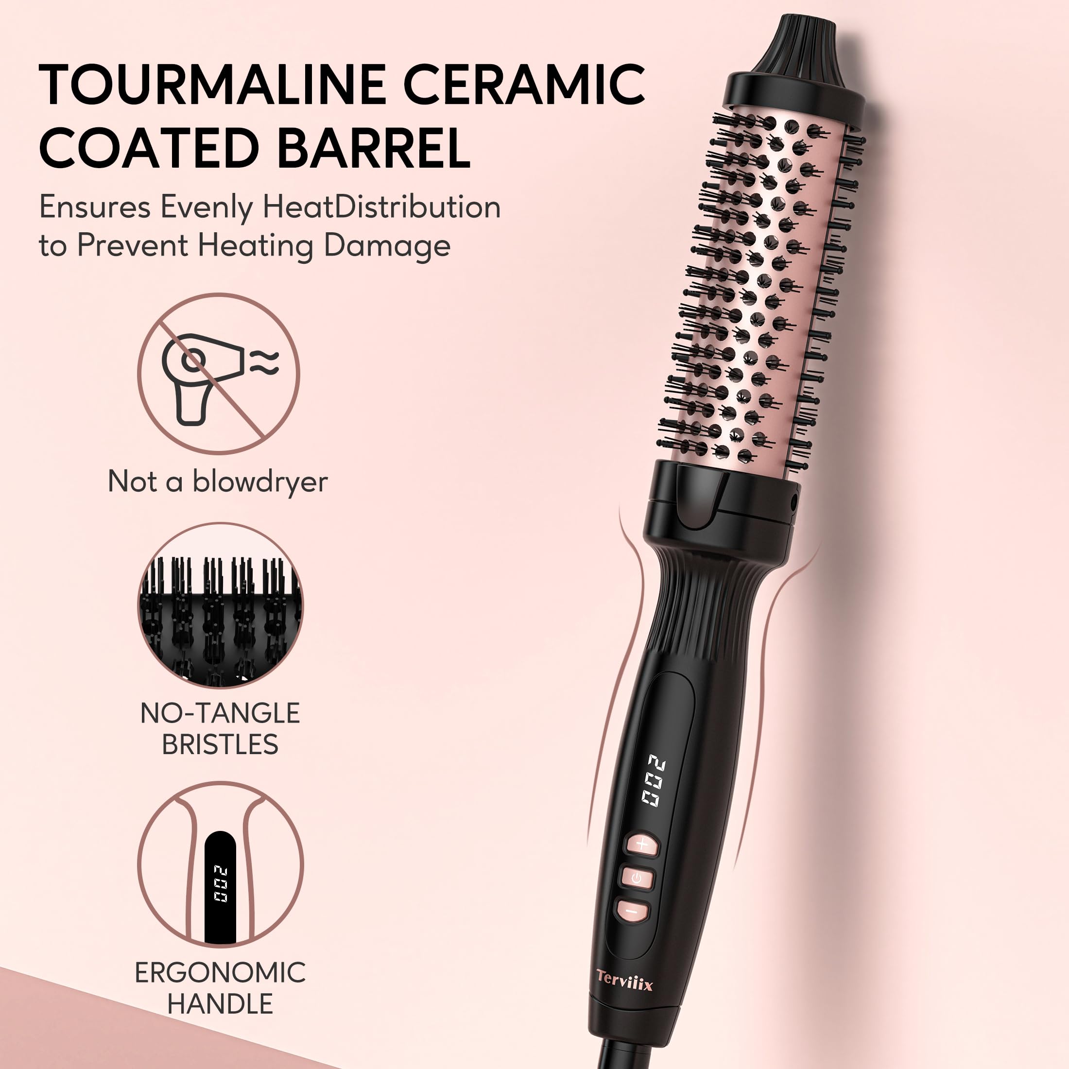 Terviiix cepillo de pelo caliente, queratina proteger barril calentado cepillo térmico, iónico suave brillo volumizar peine, doble voltaje alisador de pelo rizador herramienta de peinado 32mm