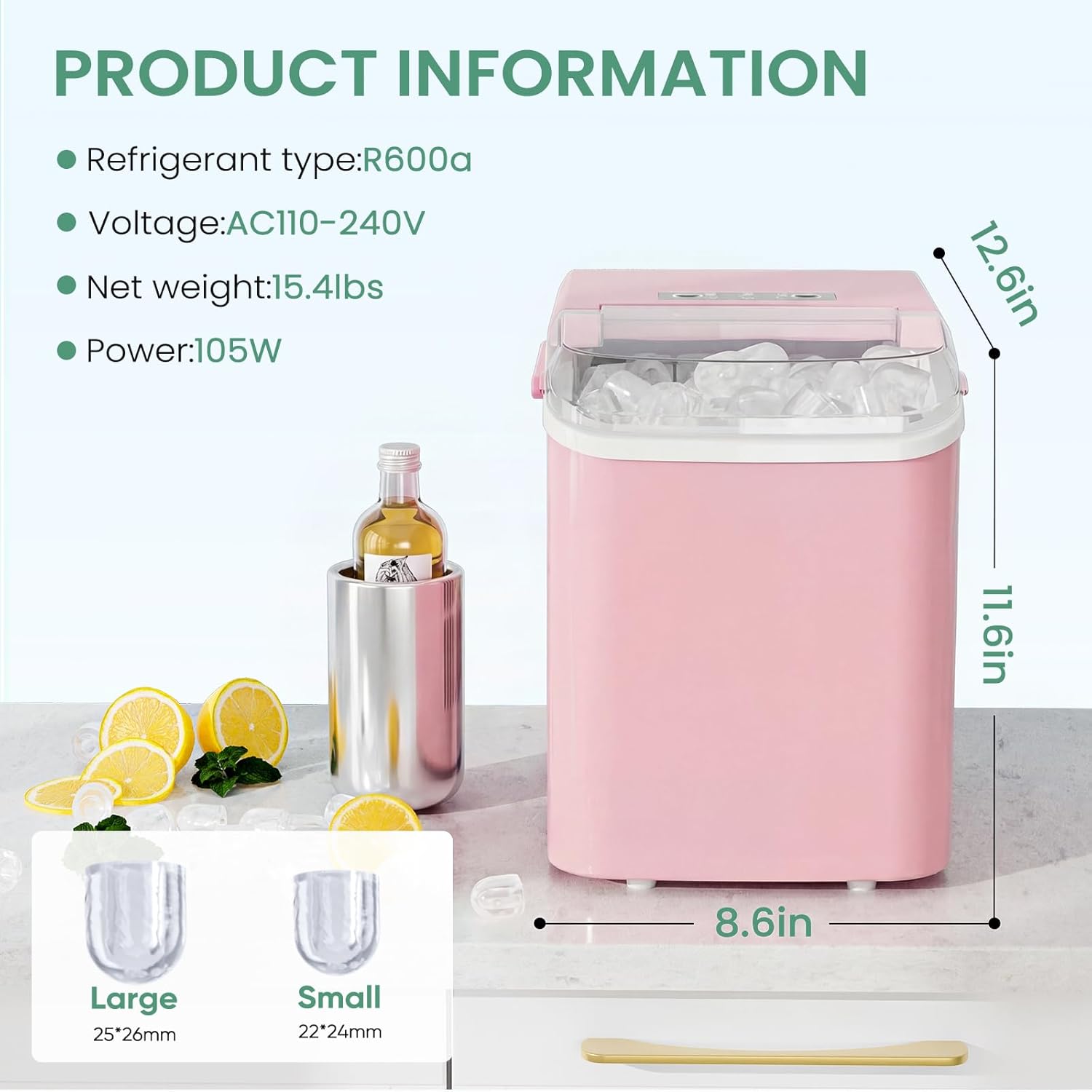 NEWBULIG Ice Makers Countertop with Handle, Portable Ice Machine, 9 Bullet Ice Cubes in 6 Mins, 26lbs in 24Hrs, Auto-Cleaning, with Basket and Scoop, for Home, Kitchen, RV, Camping,Light Pink