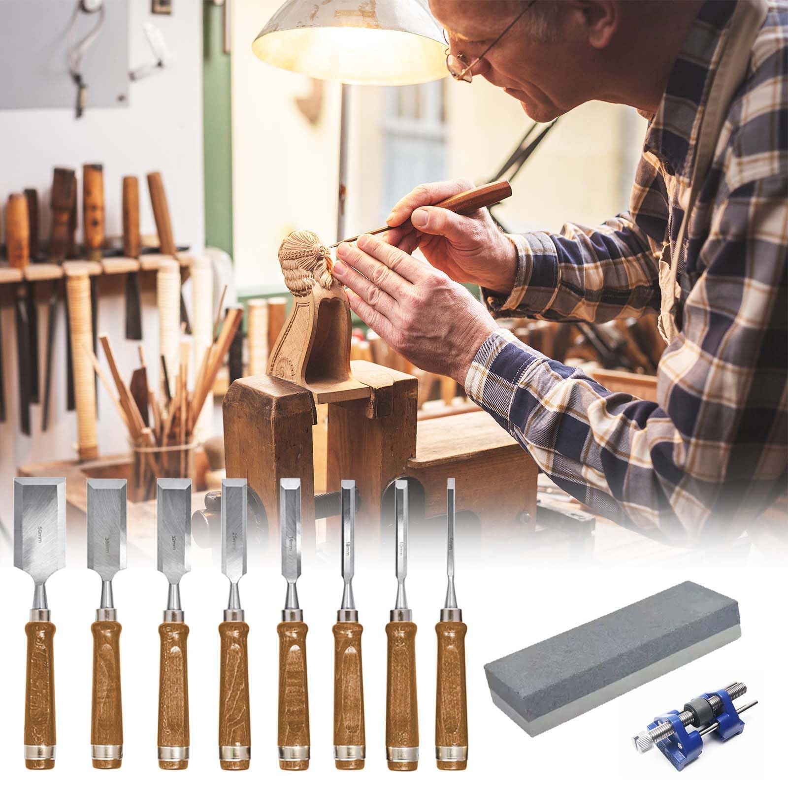 Juego De 8 Cinceles Para Madera, Herramienta De Cincel Manual Para Tallar Madera, Con Piedra De Amolar Y Guía De Molienda, Juego De Cinceles Para Trabajar La Madera De Nogal Negro