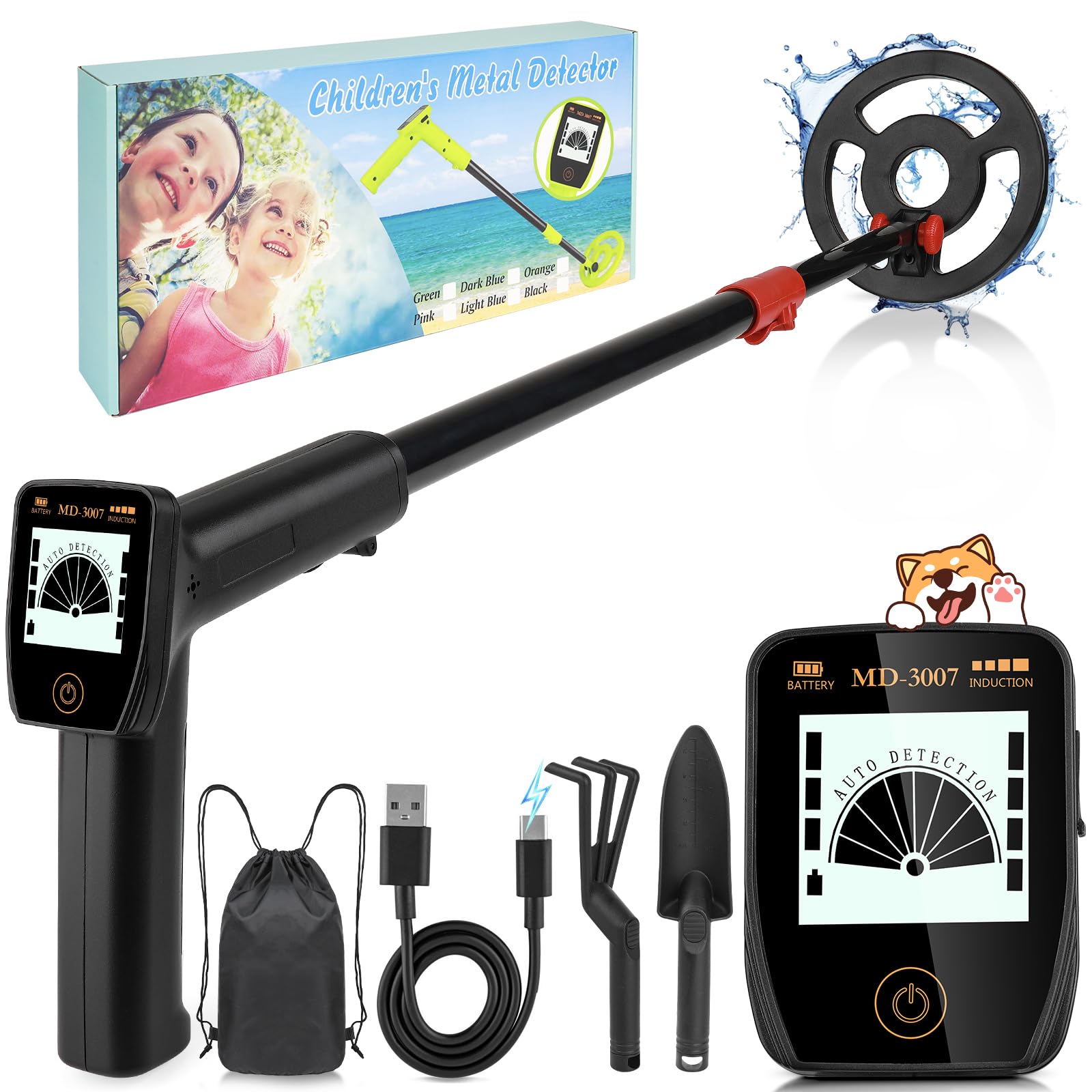 Détecteur de métaux pour enfants avec écran LCD - Rechargeable USB-C et bobine de recherche étanche - Kit de détecteur pour enfants avec pelle et sac - Idéal pour la chasse au trésor, la plage, le