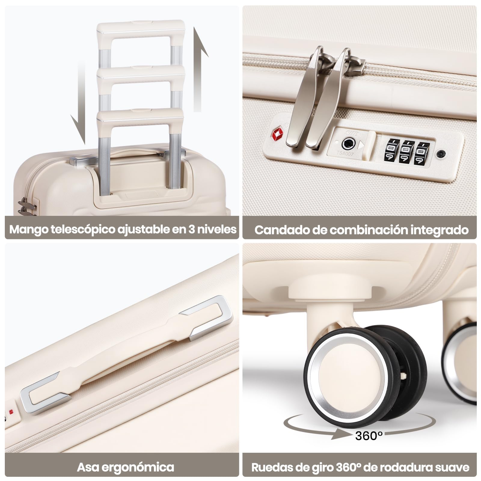 Juego de maletas con estuche de belleza, ligero ABS + PC, maleta de viaje rígida con ruedas giratorias, White, 4 Piece Set, Lado rígido moderno