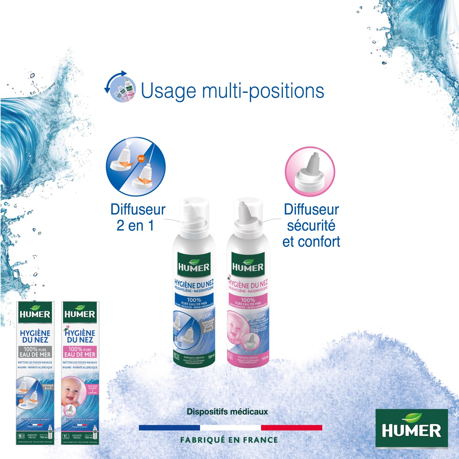 Humer - Spray nasal Hygiène du nez Adulte - 100% eau de mer - Excellente tolérance - 150ml