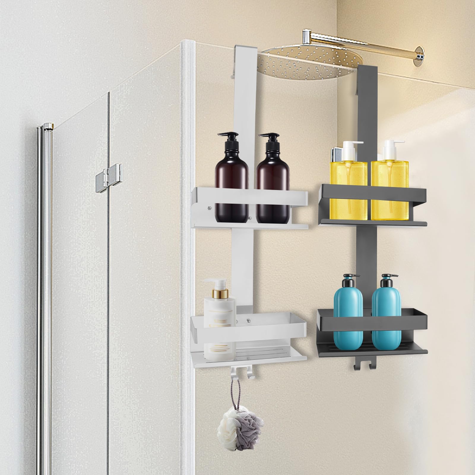Estantería de ducha sin taladrar, estantería de baño de acero inoxidable 30 x 13 x 8,5 cm, estante de ducha sin taladrar, estante de ducha plateado para colgar, organizador de baño, estantería de