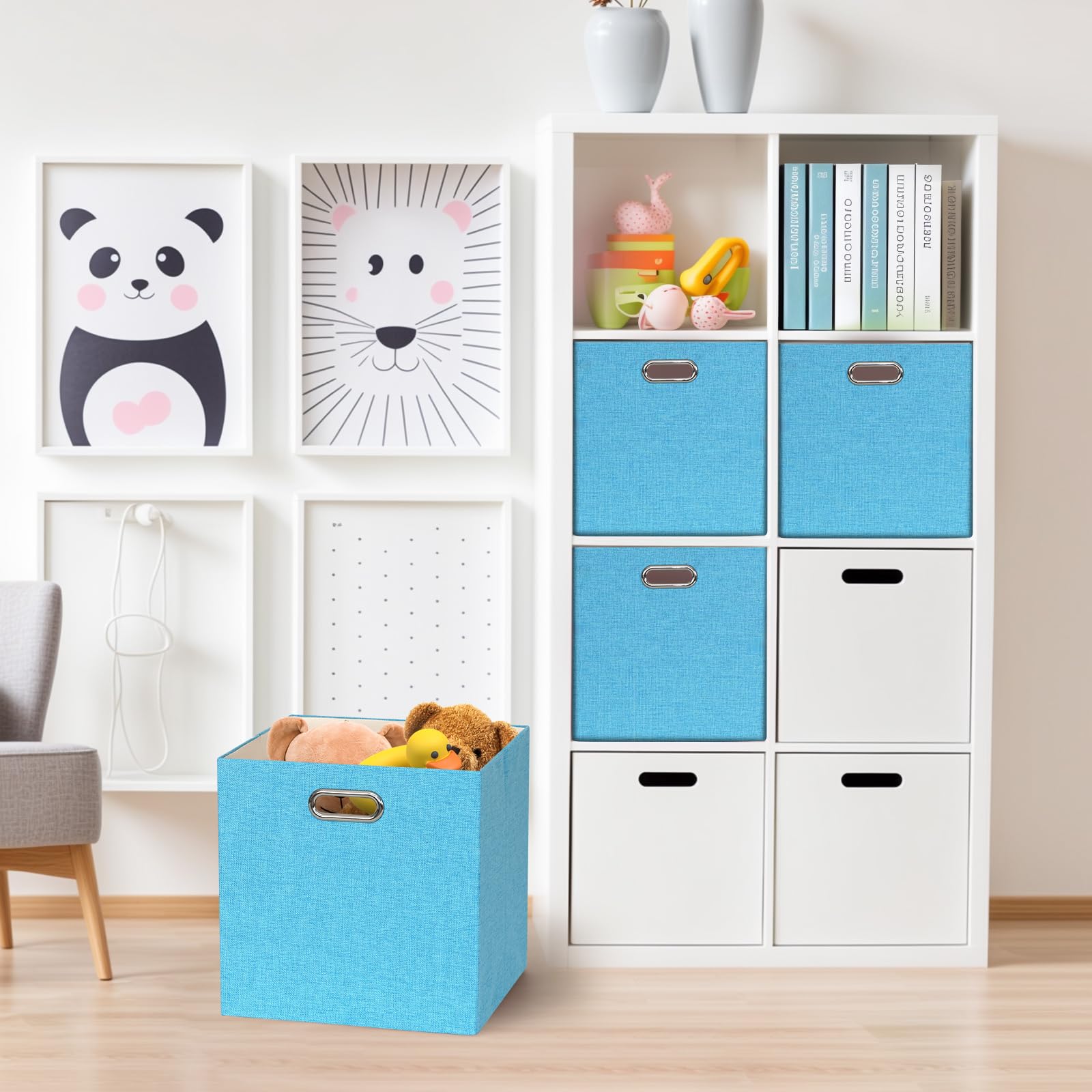 4er Set, Aufbewahrungsbox aus Stoff, 33 x 33 x 33 cm, Faltbare Aufbewahrungskörbe mit Griffe, Organizer Stoffboxen Würfel für Schrank, Regal, Spind (Farbe Aqua)