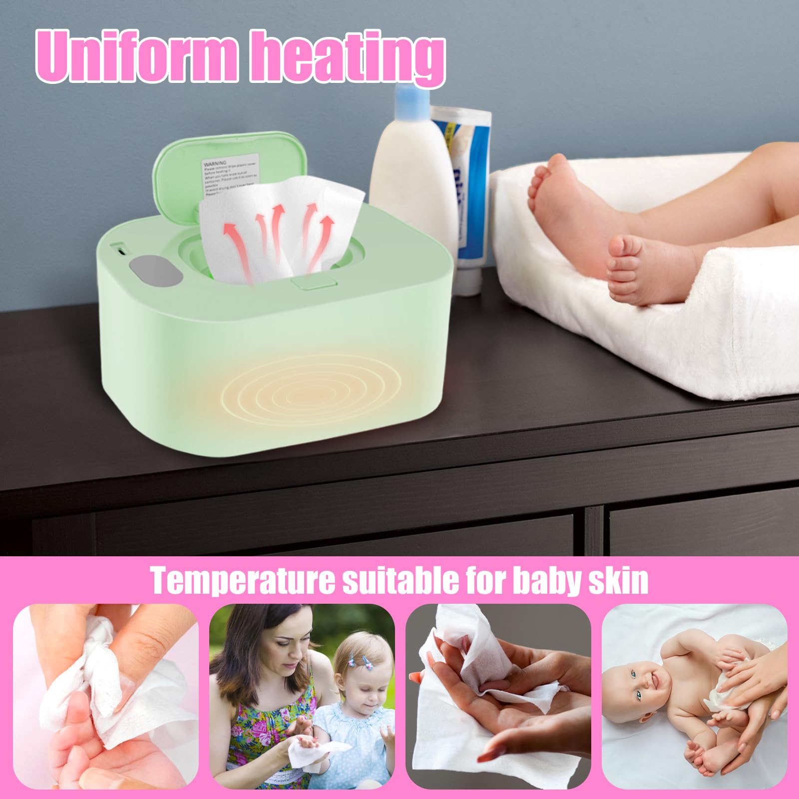 Chauffe-lingettes pour bébé, chauffe-lingettes humides, température constante, portable, empêche le séchage USB, réutilisable, pour voiture, maison, chambre d'enfant (vert)