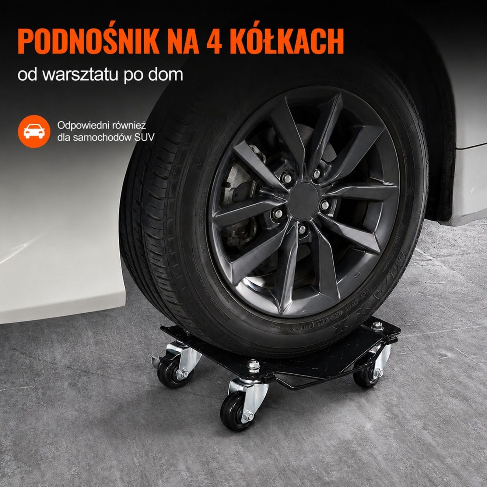 4-częściowy stalowy zestaw wózków pod koła, czarne rolki z kołami skrętnymi do samochodów, motocykli i pickupów