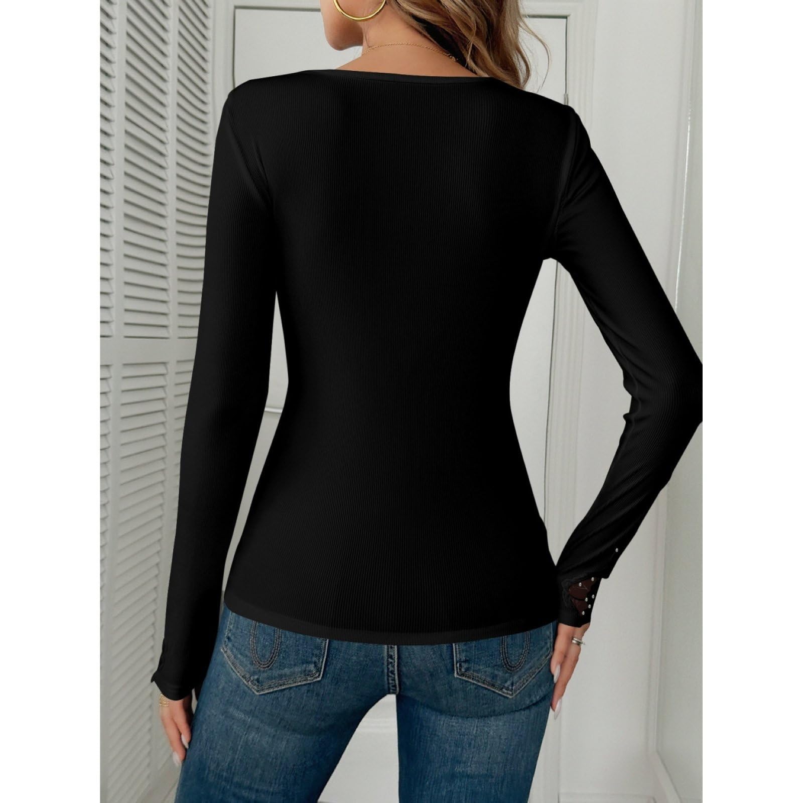 Top Da Donna Y2K A Manica Lunga Aderente Alla Moda in Maglia A Coste Morbida Con Pizzo E Strass