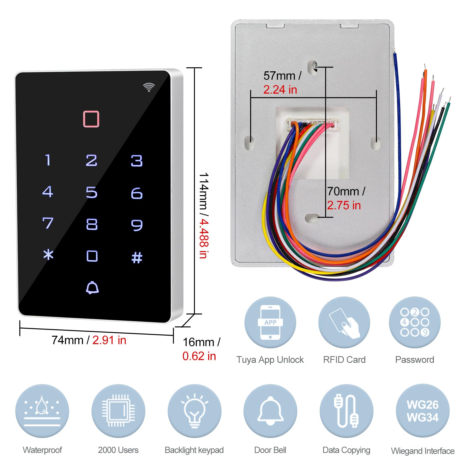 TUYA WiFi Teclado de Acceso de Seguridad Teclado RFID Impermeable Controlador Lector de Tarjetas 2000 Usuarios 180kg Cerradura Magnética Abridor de Puerta Alarma Salida