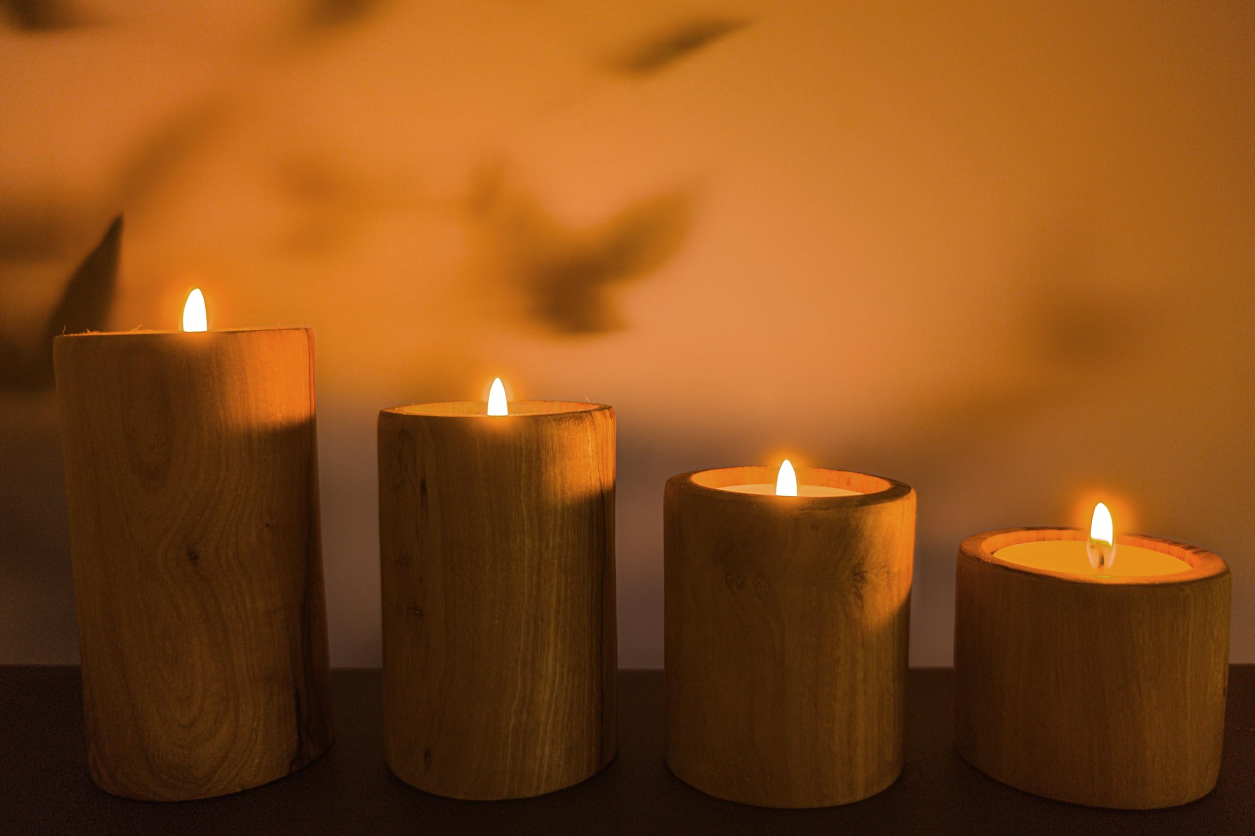 EMNA - Lot de 4 photophores en bois d'olivier de luxe | Hauteur : environ 4, 6, 8, 10 cm | Boîte cadeau incluse | Noël | Saint-Valentin | Support de bougie | Décoration romantique bien-être salle de