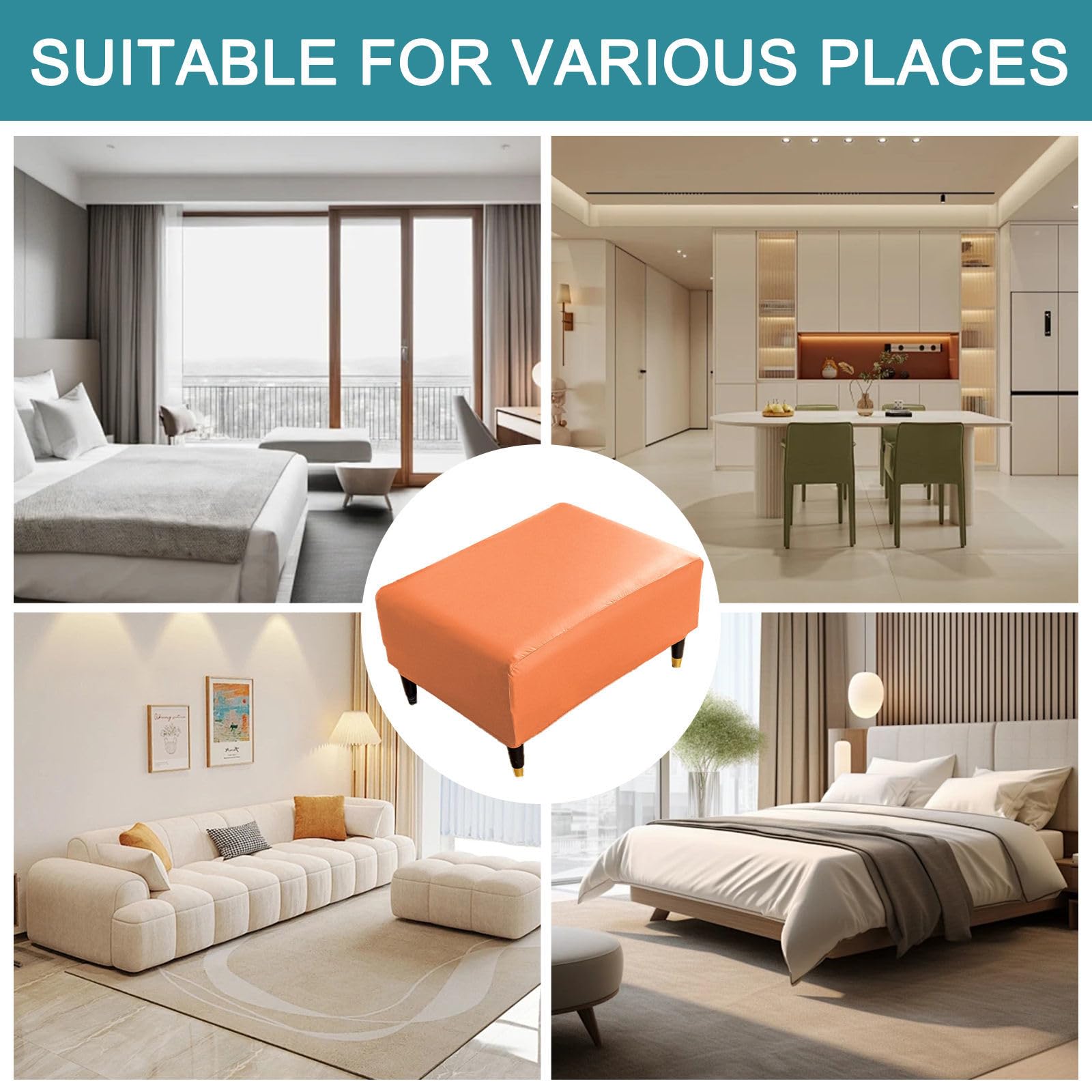 Funda otomana impermeable de piel sintética elástica suave para reposapiés, funda extraíble y plegable con parte inferior elástica para otomanas de 90 a 100 cm