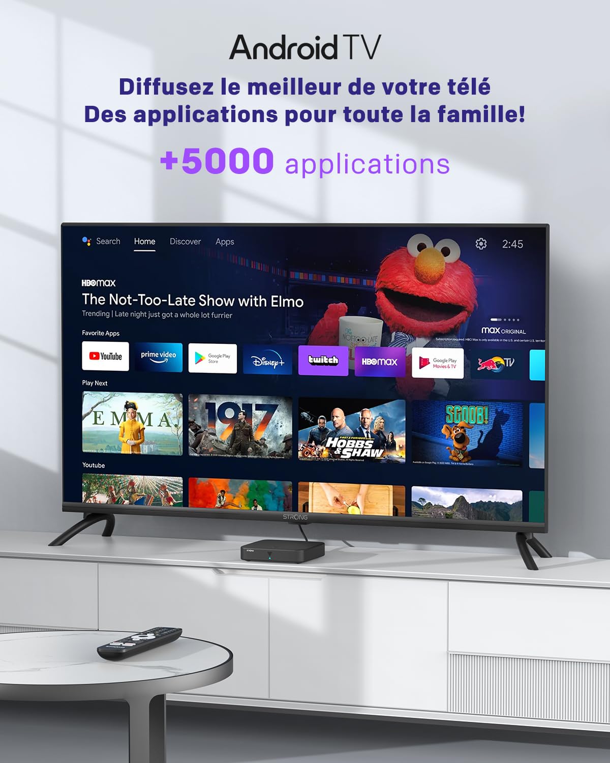 STRONG SRT420 Streaming Box Android TV 4K avec Port Ethernet, DVB-T2, 2GB RAM + 8GB Stockage, Chromecast Intégré, WiFi, Assistant Google Vocal, HDR10+