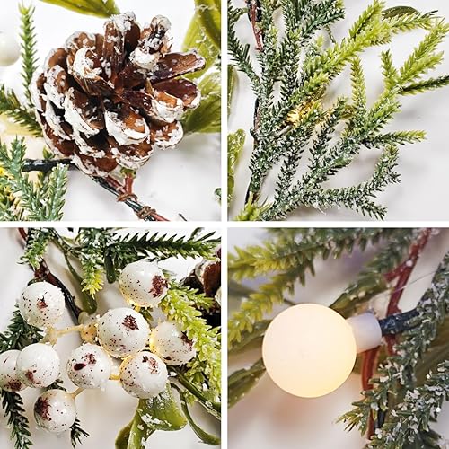 Miniatura 2 de Guirnalda de nieve de 6 pies, guirnalda de Navidad preiluminada con 20 luces LED, conos de pino, bayas blancas y bolas, funciona con pilas, con