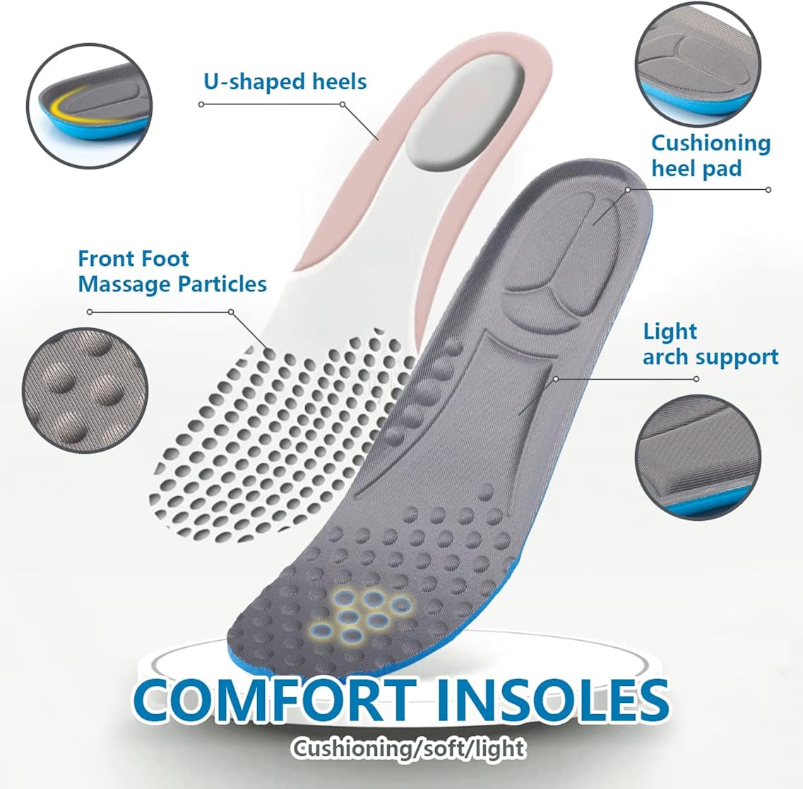 3 Pairs Comfortable Replacement Shoe Insole Inserts, Foot Massage Breathable Shoe Soles Relief Insoles for Working Daily Use