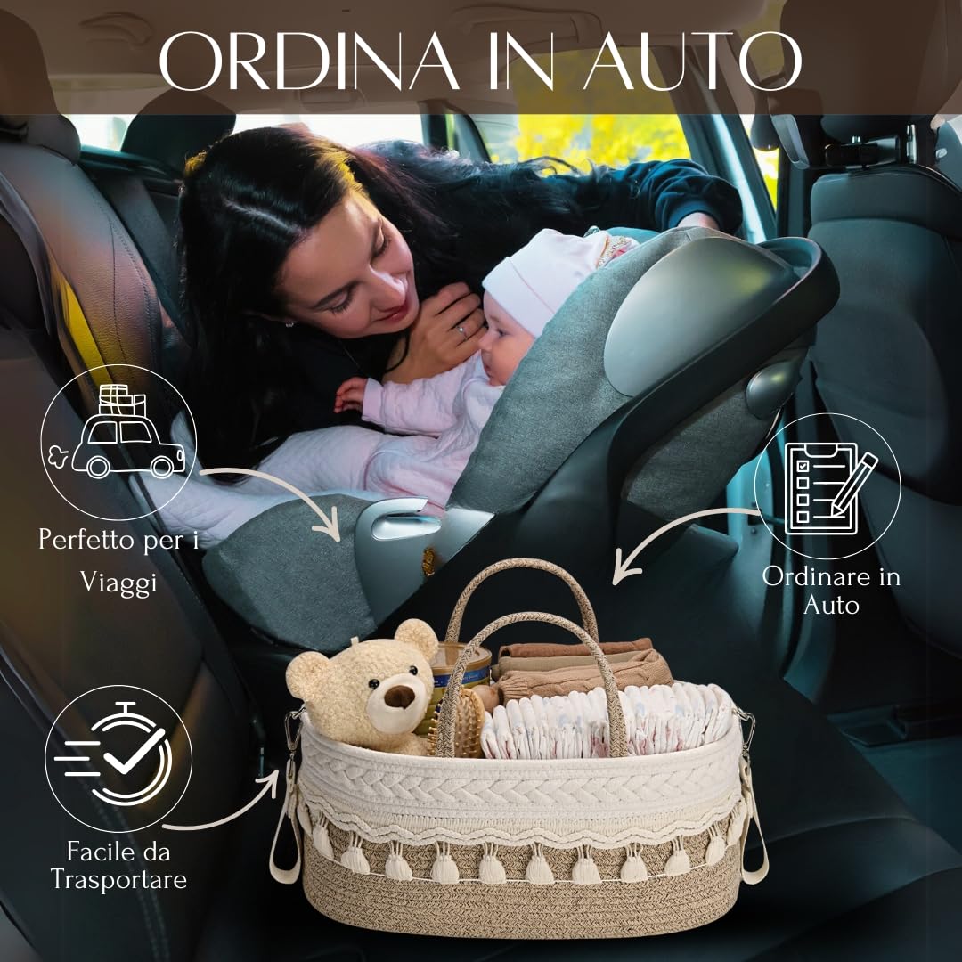 SEBRAM Organizer Fasciatoio per Neonati – Organizer Pannolini Beige Boho, Cesta Fasciatoio Neonato con Tracolla Regolabile & Tasche Termiche/Include maniglie bianche (vedi video)