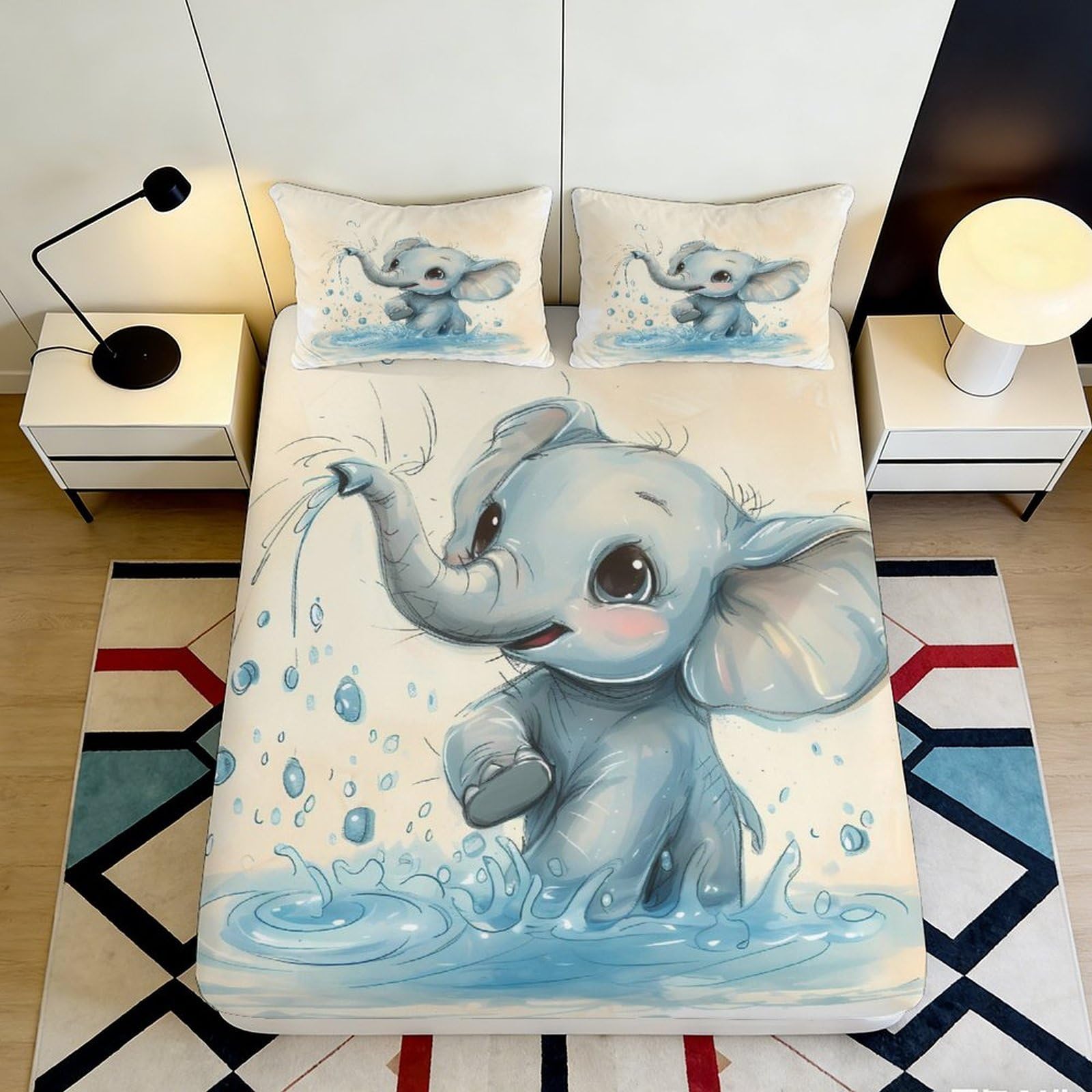 3D Printed Blue Cartoon Elephant Fitted Sheet Microfiber Soft Anti-Slip Water Splash Mattress Cover for Bedroom Dorm Decor 120x200cm 160x200x25cm
