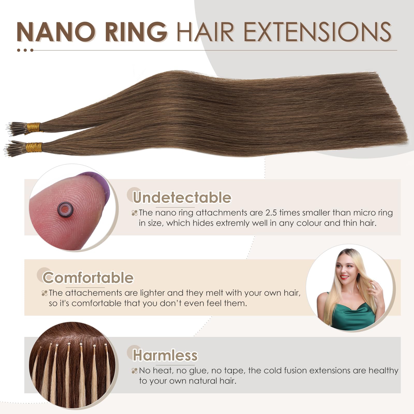 Elailite Nano Ring Extension Real Human Hair Cold Fusion With Nano Beads Remy Hair 50 Strands 50g Straight (#4 Medium Brown, 14 Inch) - Image 4