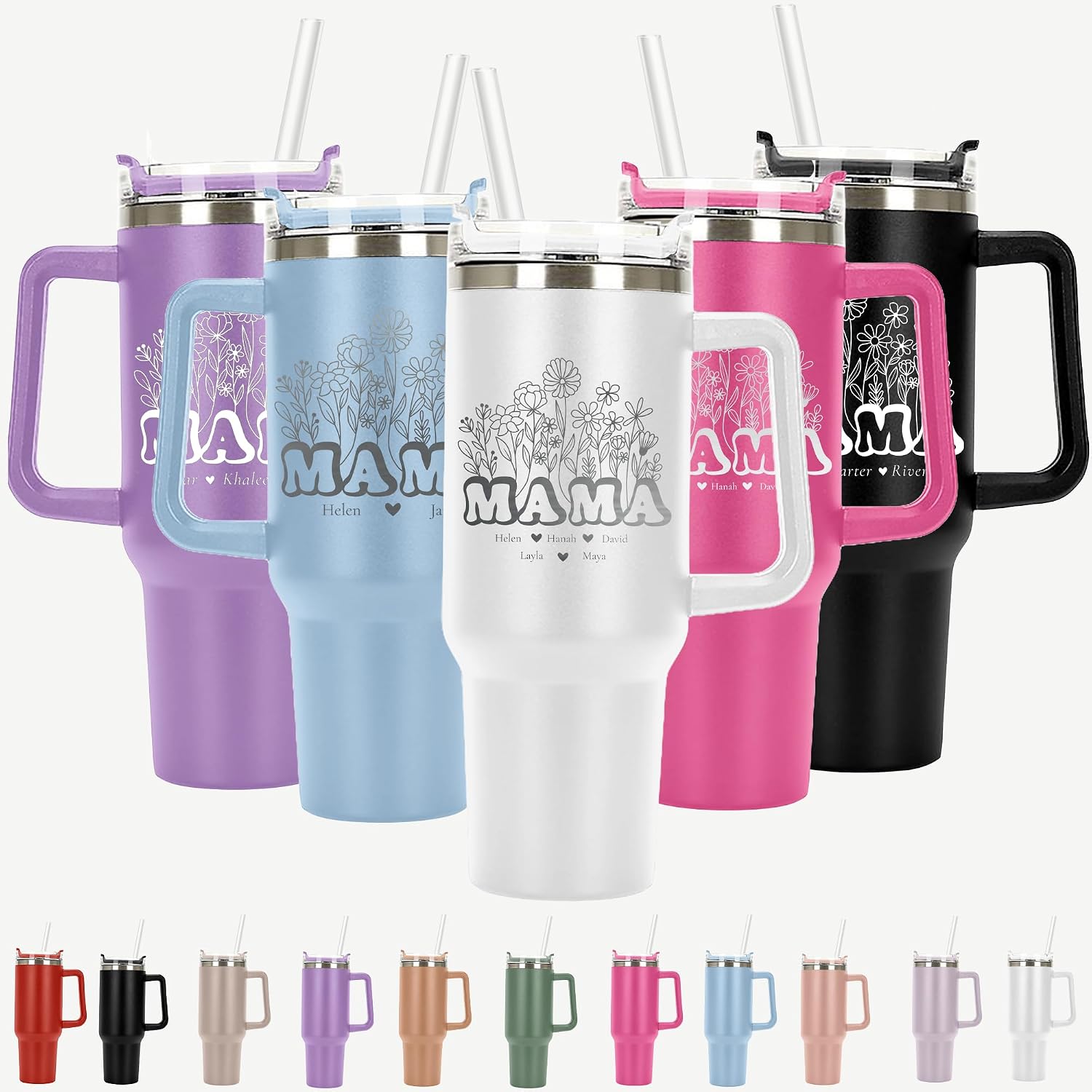 Mama Retro Flower Personalized Laser Engraved 40oz Large Tumbler with Handle, Straw&Lid, Mother's Day Gift, Mama Gifts from Daughter Son, Wildflower Mama, Floral Watter Bottle for New Mom