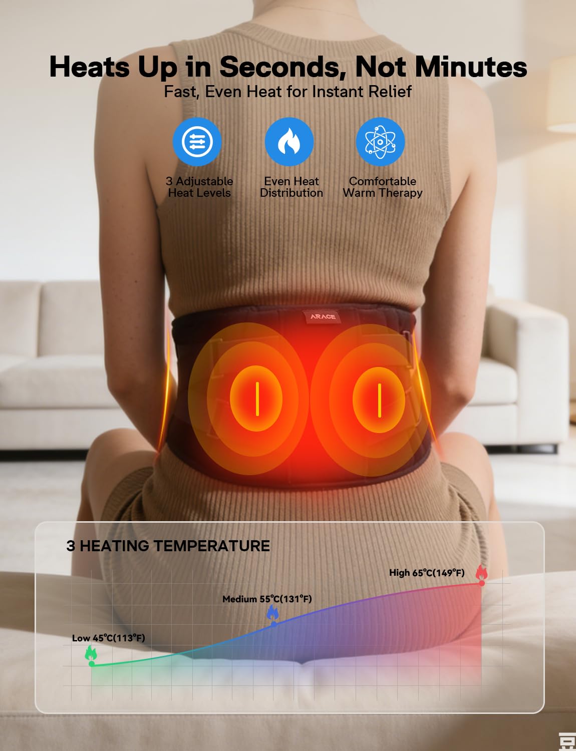 Almohadilla térmica inalámbrica de 10000 mAh con masajeador para aliviar el dolor de espalda, masajeador de espalda baja de 50 a 67 pulgadas con 3 calor y temporizador, 5 almohadillas térmicas