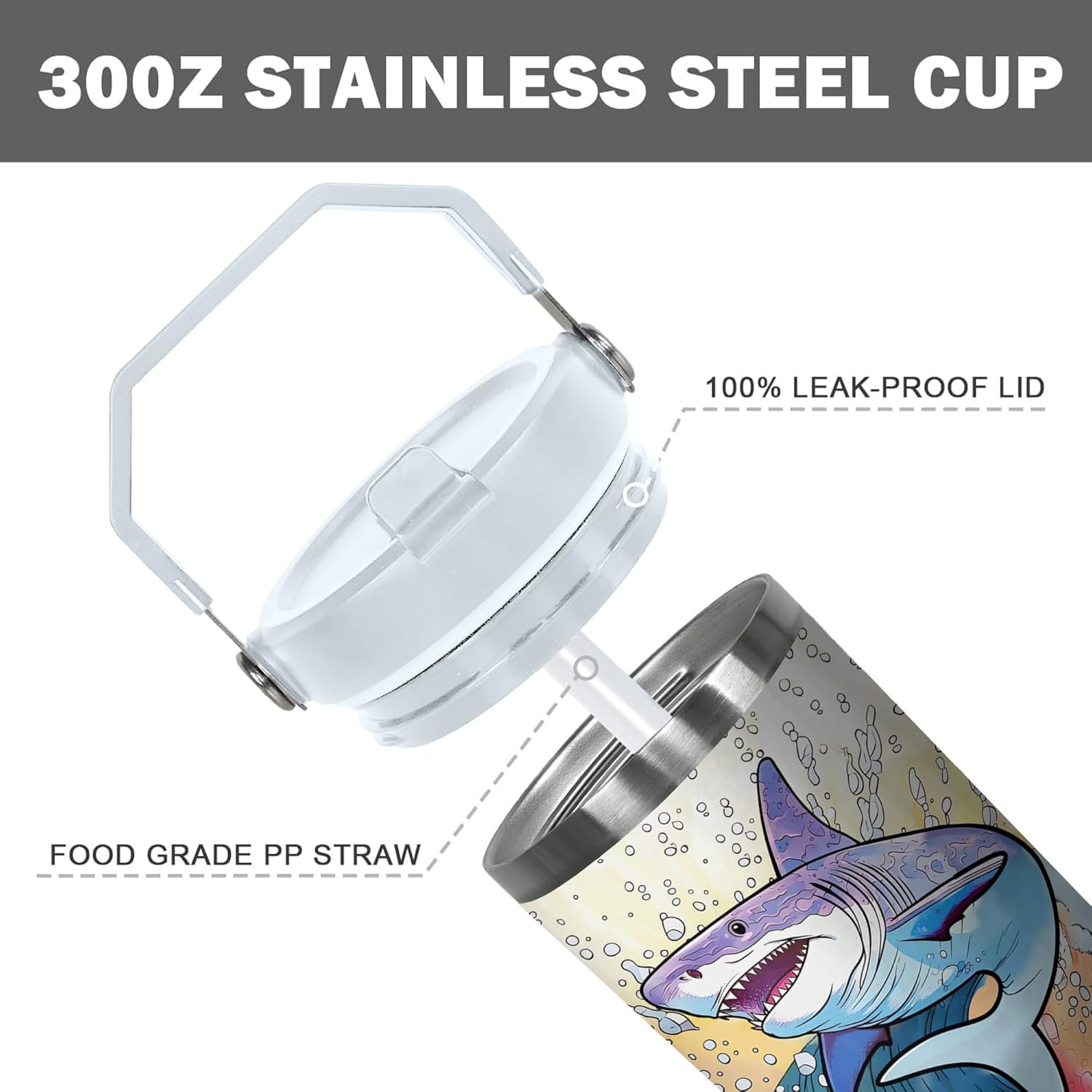 30 Oz Shark Tumbler with Handle and Straw, Insulated Stainless Steel Shark Mug, Leak Proof Travel Mug for Adults - Image 3