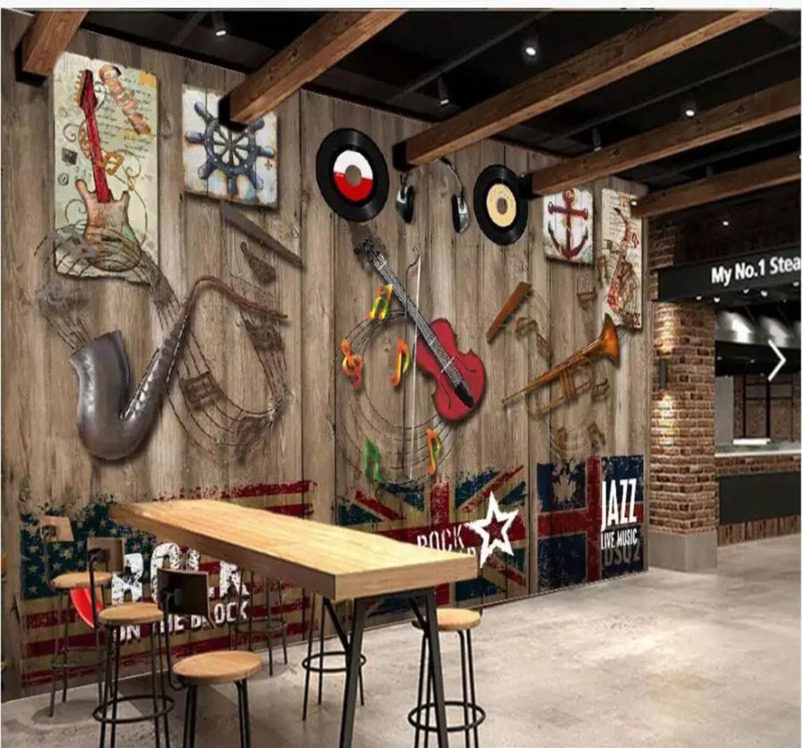 Tzxztt Vintage Woodgrain Nostalgic Musical Instruments Music Modern 3D Wallpaper Premium Textured Silk Neutral Tones Material Ideal for Living Room Bedroom-430cm×300cm