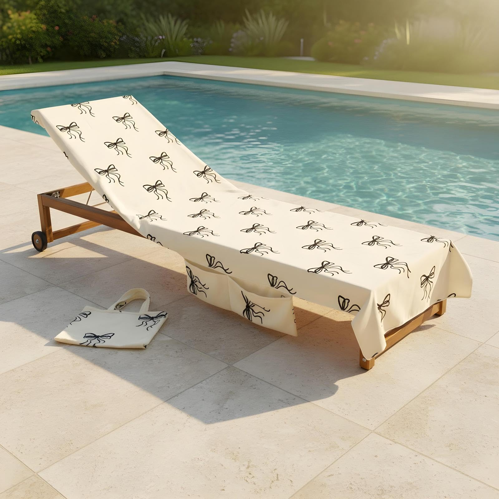 OHS Beach Towels for Adults Sun Lounger, Soft Quick-Dry Absorbent Bow Print Sun Bed Towel with Pockets Lightweight Large Beach Towel Holiday Essentials, Monochrome - 75 x 215cm