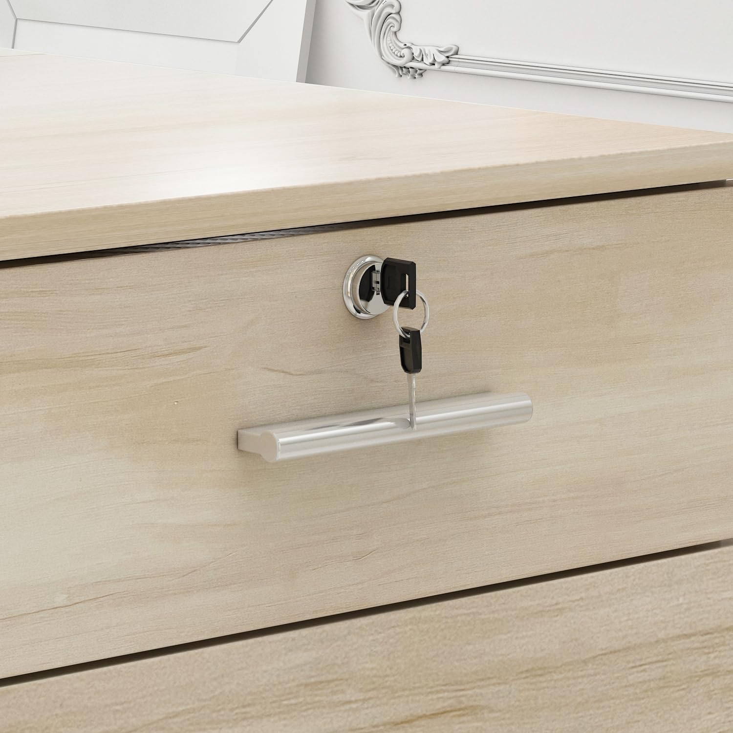 Mesa de recepción, mesa de recepción, mostrador de recepción con compartimentos abiertos, mostradores de recepción con 1 cajón y 1 armario, muebles de oficina, color madera y blanco, 140 X 60
