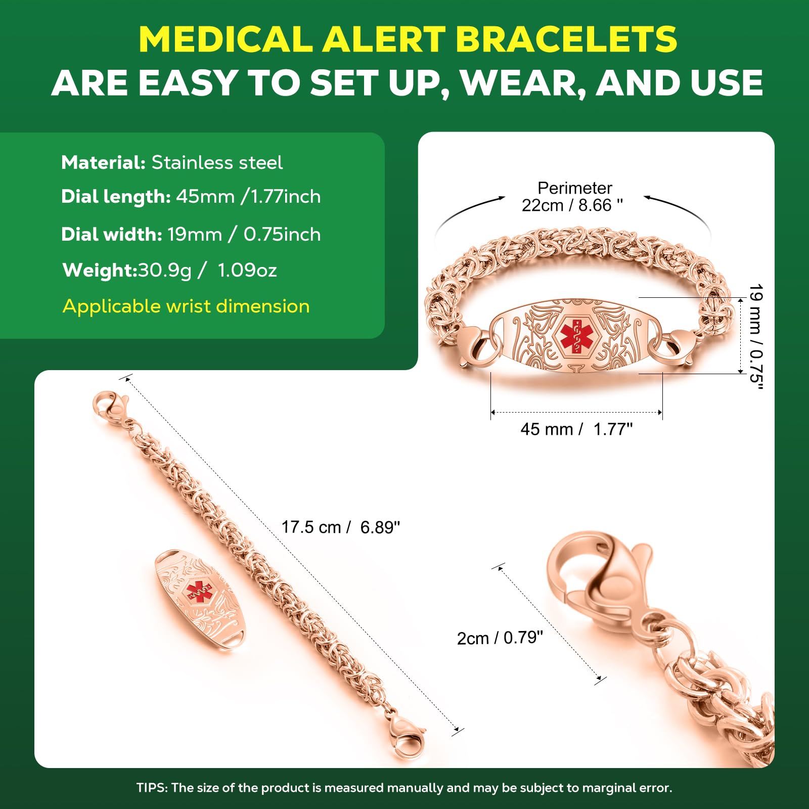 Braccialetti medici aggiornati da uomo e donna con codice QR ID per avvisi medici – Cinturino in acciaio al titanio per polsi fino a 20,3 cm – 25,4 cm – più spazio personalizzato di
