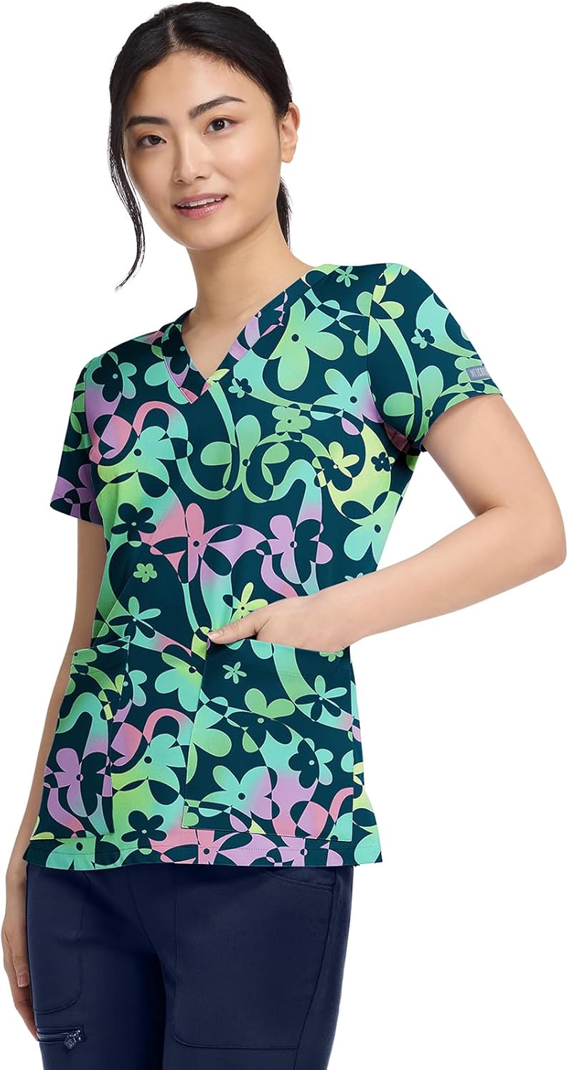 Med Couture Women's Printed Scrub Tops V-Neck with 2 Pockets, Durable, Lightweight, Ultra Soft & 360° Stretch Fabric - MC8564