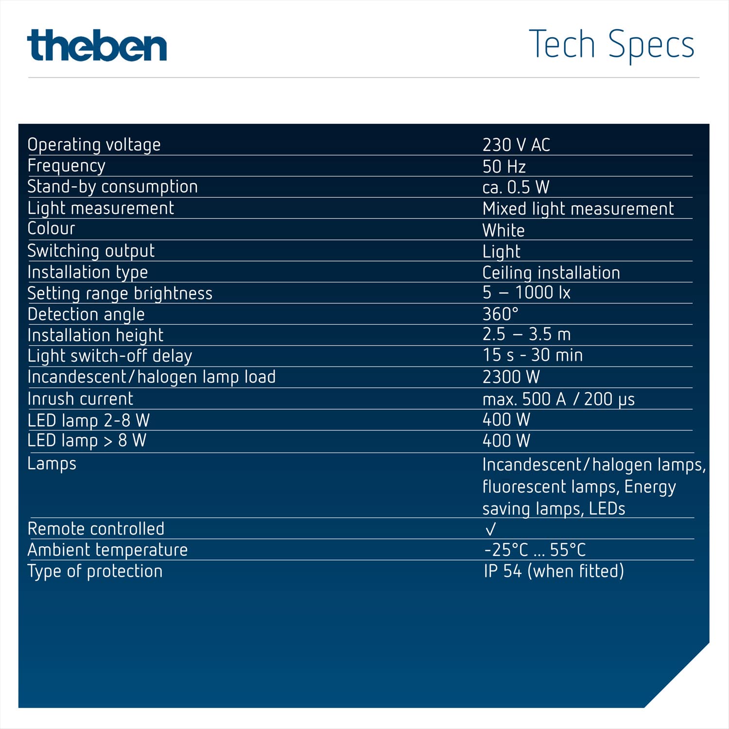 Theben 1030052 LUXA 103 S360-100-12 DE-UP WH Detector de Presencia 360° PIR | empotrado en techo, 12 m, 1 canal, 400 W LED, IP54, 15 s-30 min, medición de luz mixta, mando a distancia, Teach-in, blanco