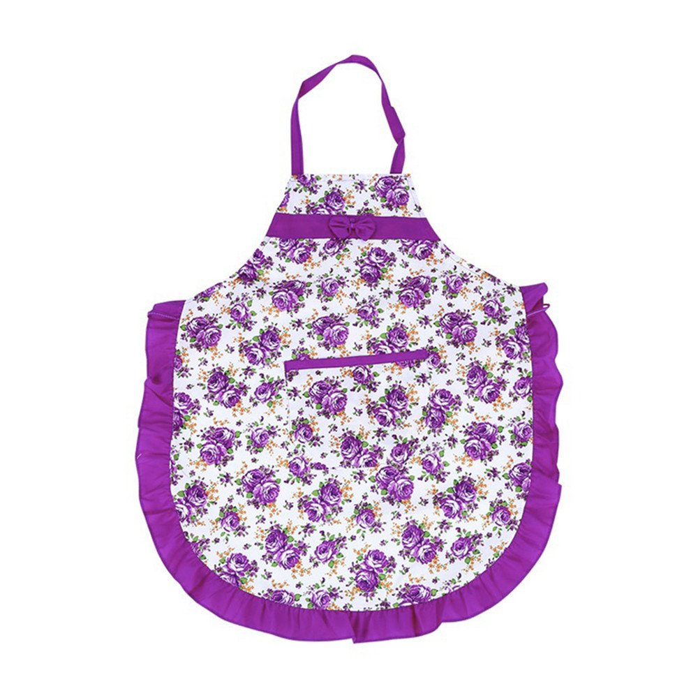ZHOUBA Women Bib Floral Print Bowknot Kitchen Restaurant Cooking Pocket Dress Apron (Purple)