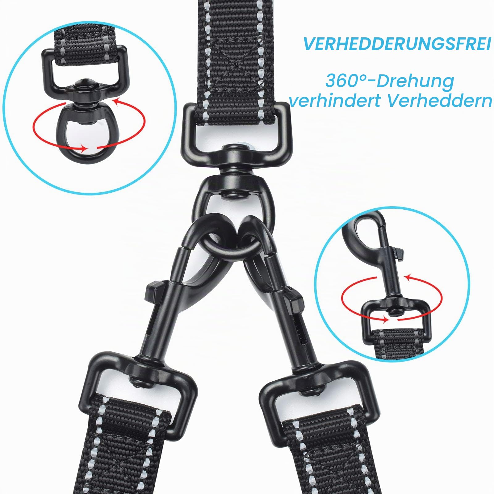 PetBonus Hundeleine Doppelleine für 2 Hunde, Keine Verwicklung Leine für 2 Hunde Groß, Verstellbar Reflektierend Doppelte Leinen mit 4 Gemütlich Gepolsterte Griffe (Schwarz)
