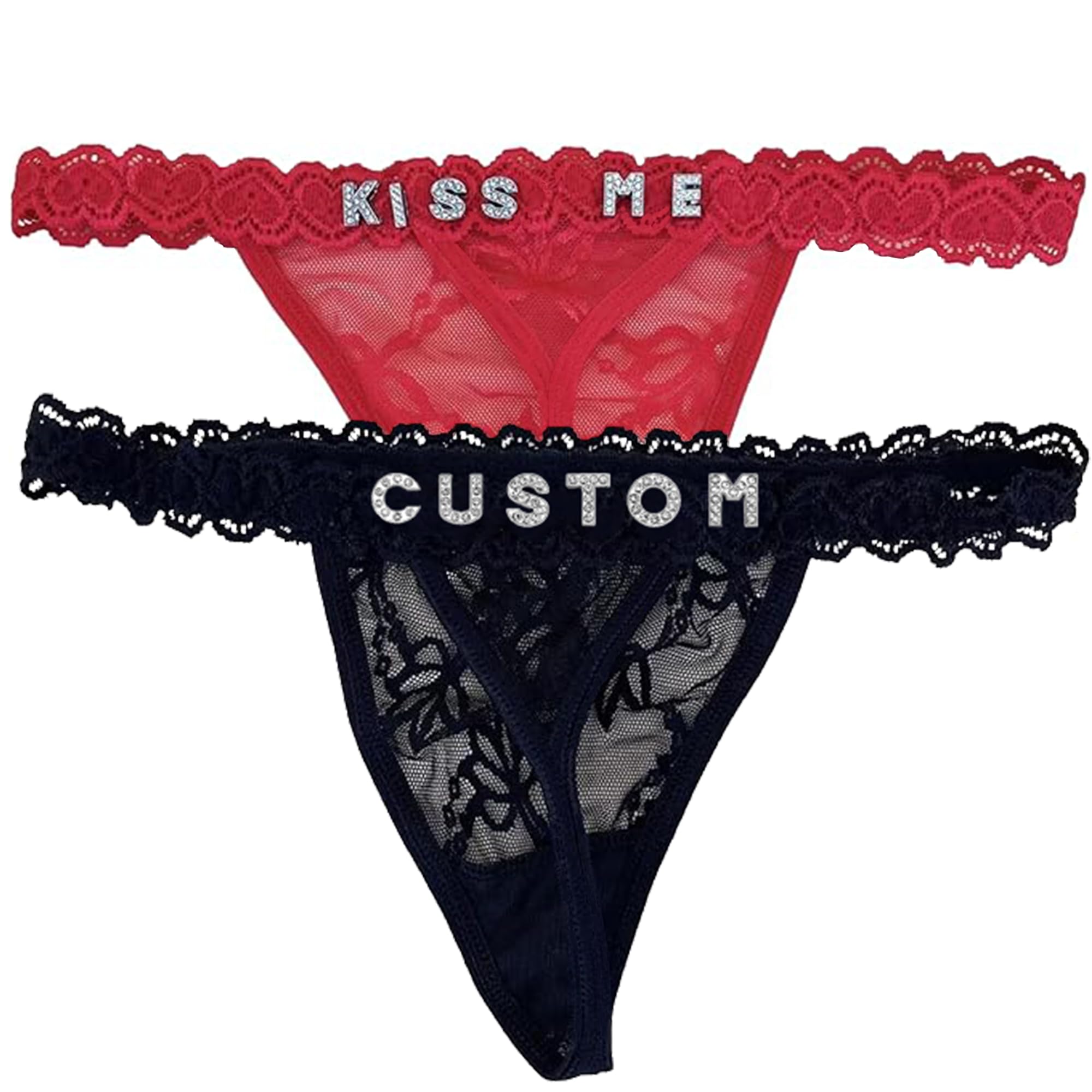 2-Pack Personalized Thongs with Names Custom Lace Underwear Panties with Rhinestone Shiny Letter Name for Women Girlfriend Birthday