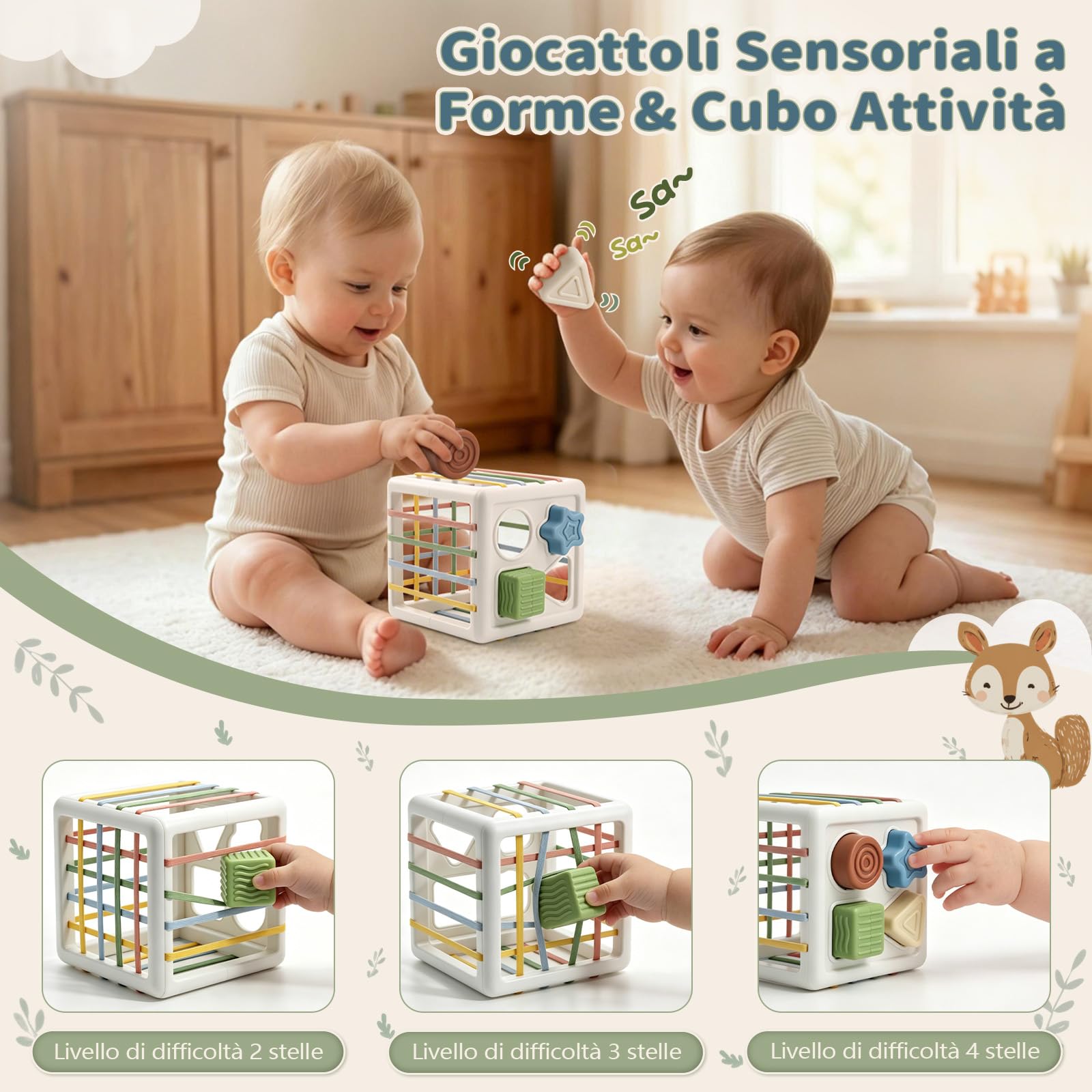 Anook Giochi Neonato 6-9-12 Mesi, 6 in 1 Giochi Montessori 6 Mesi | Giochi Sensoriali per Neonati con Giochi Impilabili ,Scatola di Fazzoletti,Cubi di Forme da Smistare,Regalo Neonato 6-12 Mesi