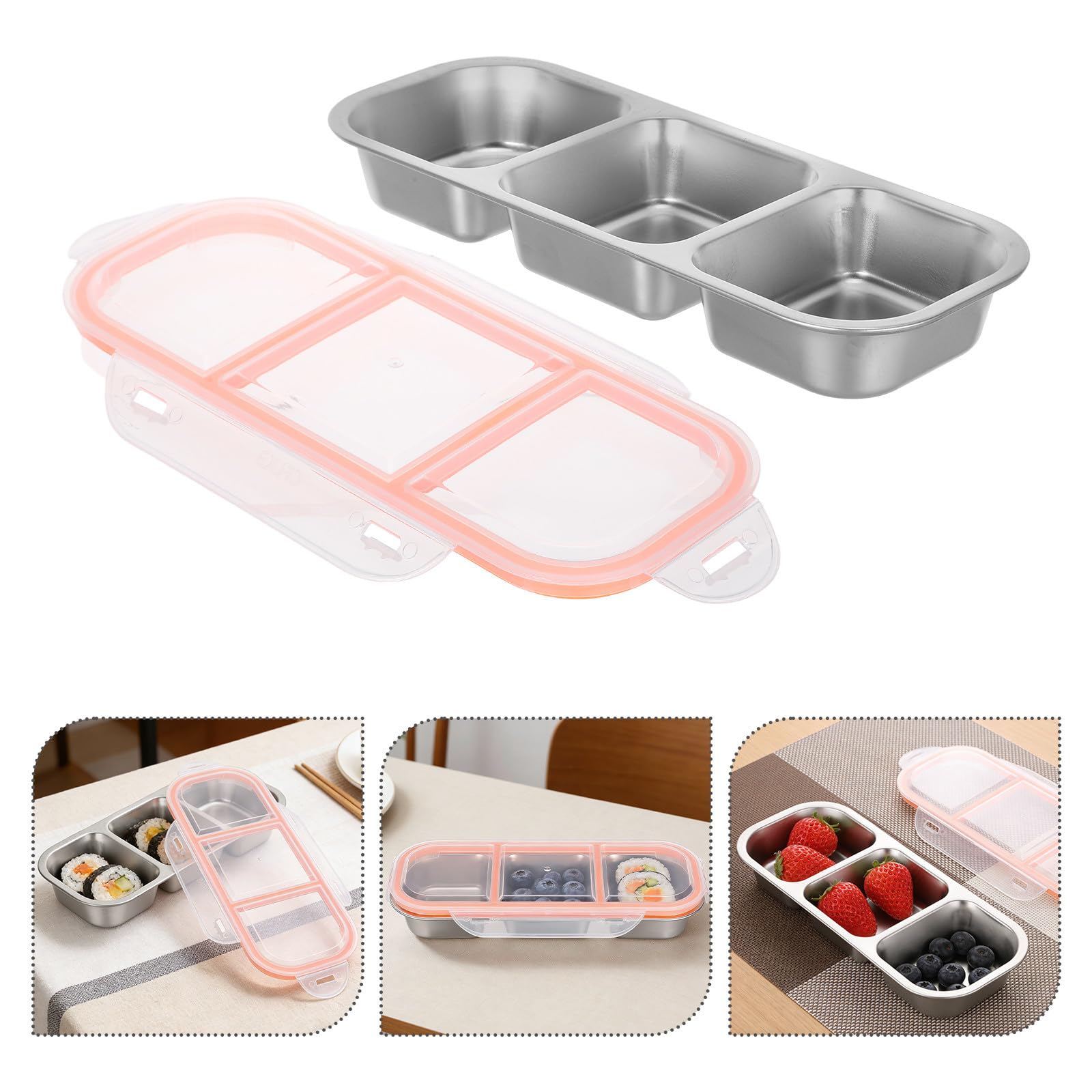 4 Stück-pack Edelstahl Snackbox mit 3 Fächern und 600ml Deckel | Luftdichter Verschluss, Rostbeständig und Leicht zu Reinigen, für Schule, Familie und Portionen