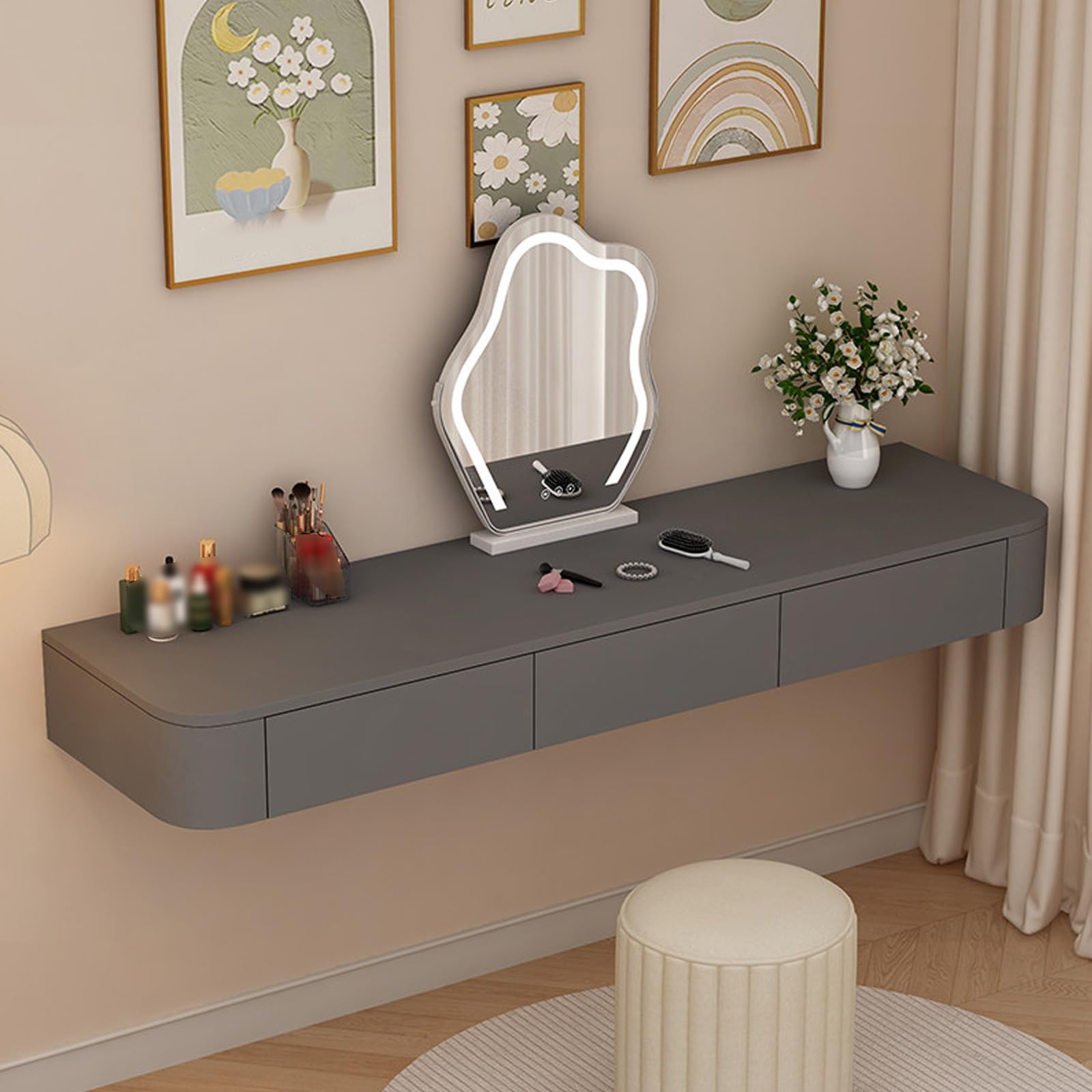 Tavolo da bagno sospeso moderno in legno massello con cassetti, design completamente assemblato a parete, 160 cm, piano grigio e legno, angoli arrotondati salvaspazio per case contemporanee
