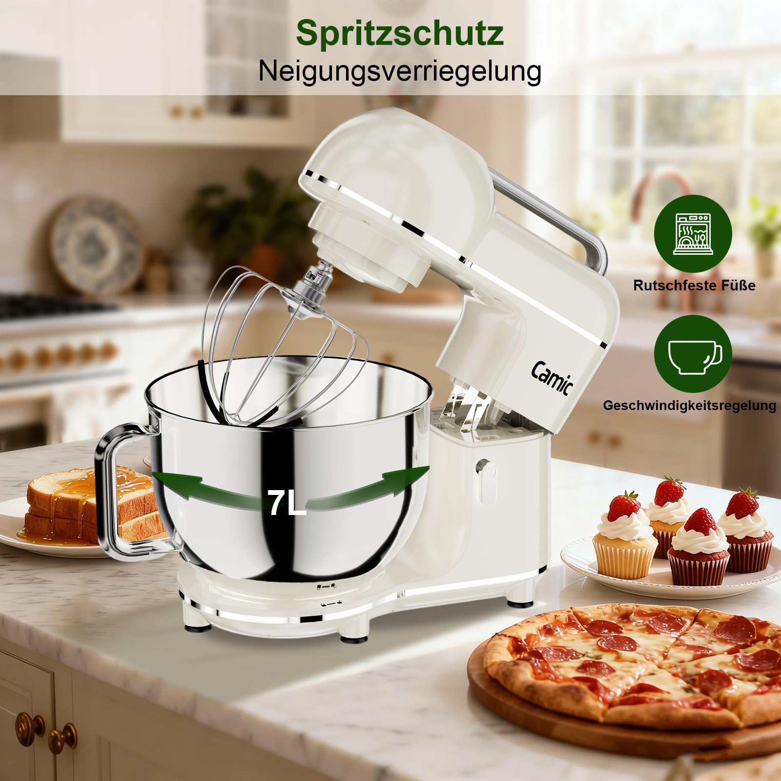 Camic Küchenmaschine - 2000W - 10 Geschwindigkeitsstufen mit Tragegriff, Edelstahl Rührschüssel (7L), Knetmaschine mit Rührhaken, Knethaken, Schlagbesen und Spritzschutz