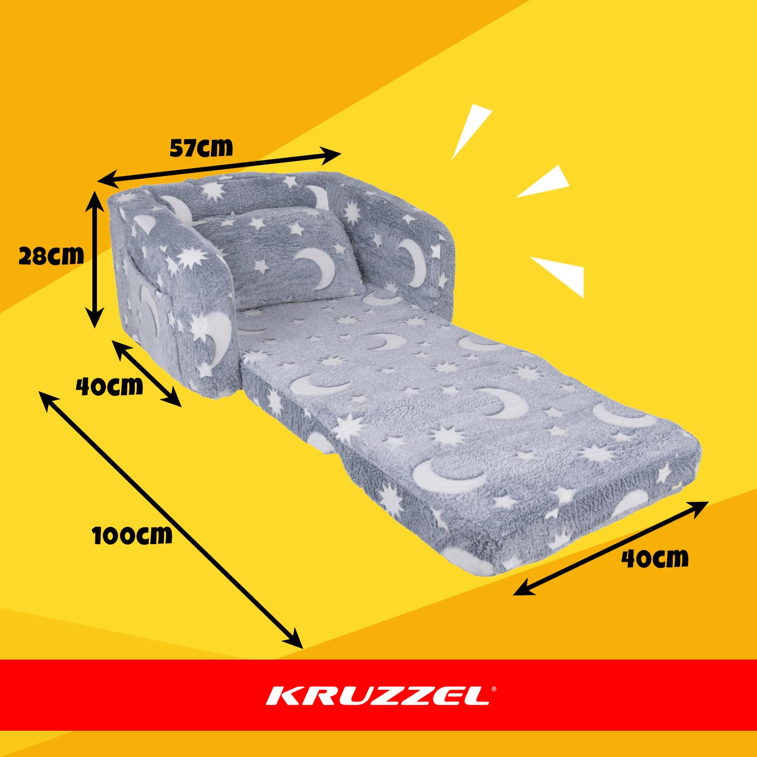 KRUZZEL Poltrona pieghevole per bambini 2 in 1 – Divano pieghevole in peluche con funzione sdraiata e borsa – Leggero, rivestimento rimovibile, fondo antiscivolo – Per ragazze e ragazzi, cameretta dei