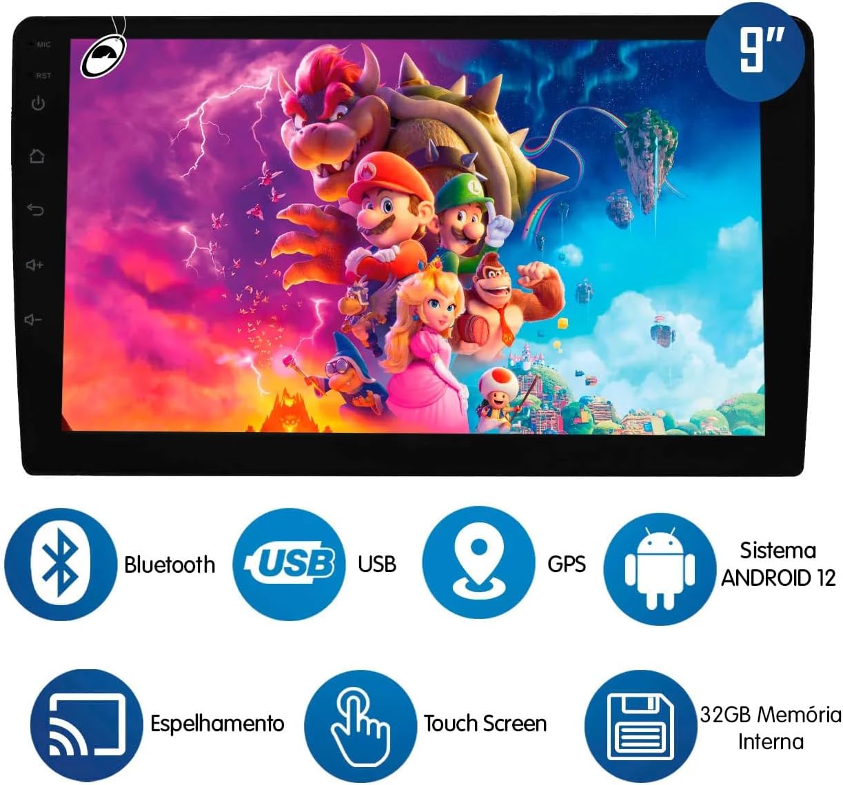 Icons representing key features of the H-TECH multimedia system: Bluetooth, USB, GPS, Android 12, Screen Mirroring, Touch Screen, and 32GB Internal Memory.