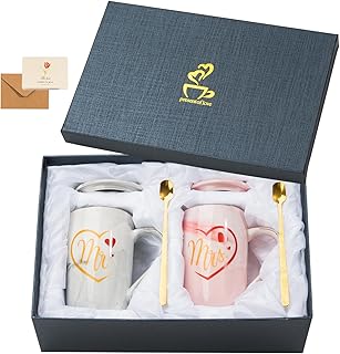 Mr and Mrs Kaffeetassen – Hochzeitsgeschenke für Braut und Bräutigam – Geschenke für Brautparty, Verlobung, Hochzeit und Hochzeitstag – Keramik-Marmorbecher, 400 ml, Rosa
