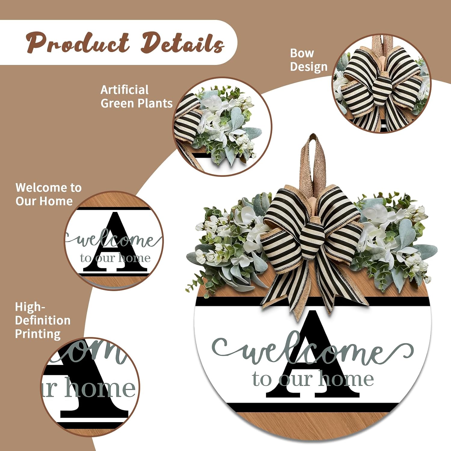 Last Name Round Front Door Wreath Decor for All Seasons, Spring Summer Wreath for Front Door Porch Welcome Garland and Eucalyptus Hanging Gift for Farmhouse Welcome Sign (B)