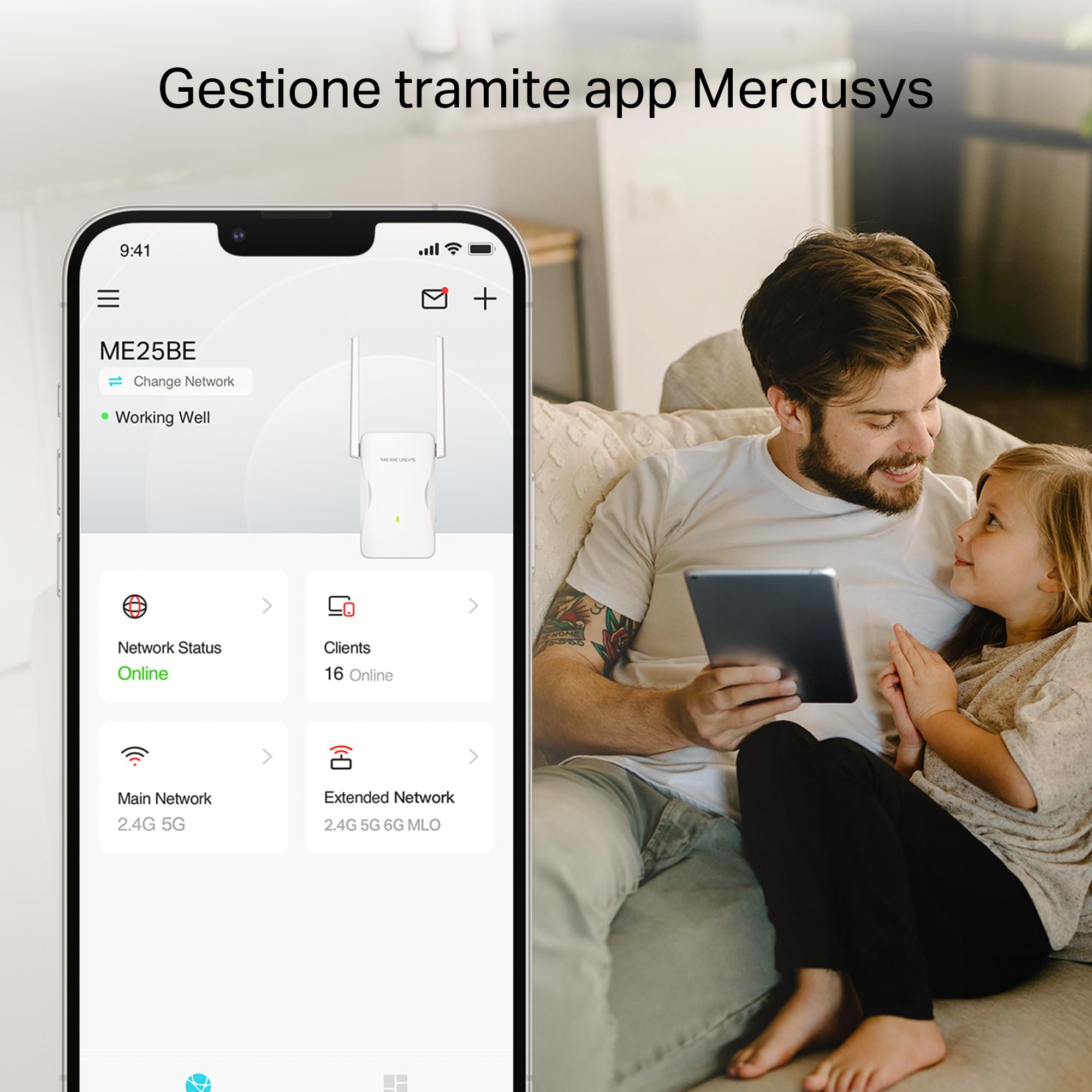 MERCUSYS ME25BE Ripetitore Wi-Fi 7 BE3600Mbps, Porta Gigabit | Dual-Band, Modalità Ripetitore e Access Point, 2 Antenne Esterne, Modalità Re/AP
