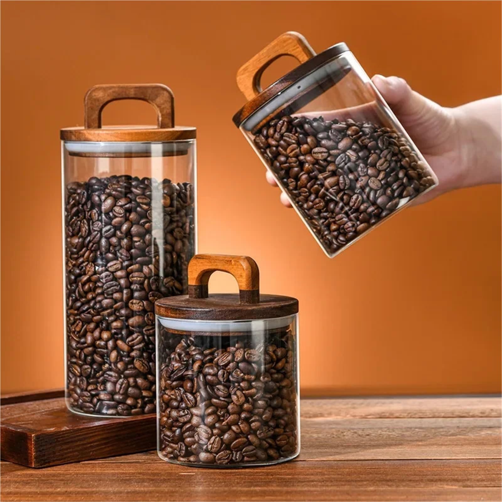 1pc Holz Deckel Glas Luftdichten Kanister Lebensmittel Behälter Kaffee Bohnen Küche Lagerung Flaschen Versiegelt Gründe Große Set für Lebensmittel Konservierung(1750ml)