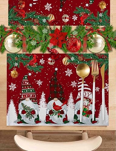 Miniatura 2 de Juego de 4 manteles individuales rojos de Navidad, gnomos de invierno, cardenales, antideslizantes, manteles individuales de copos de nieve,