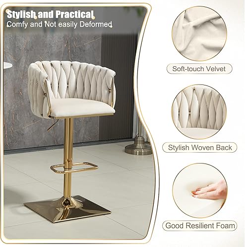 Miniatura 4 de Juego de 2 taburetes de bar giratorios de terciopelo, taburetes de bar ajustables y cómodos, silla de comedor moderna con respaldo tejido, taburetes