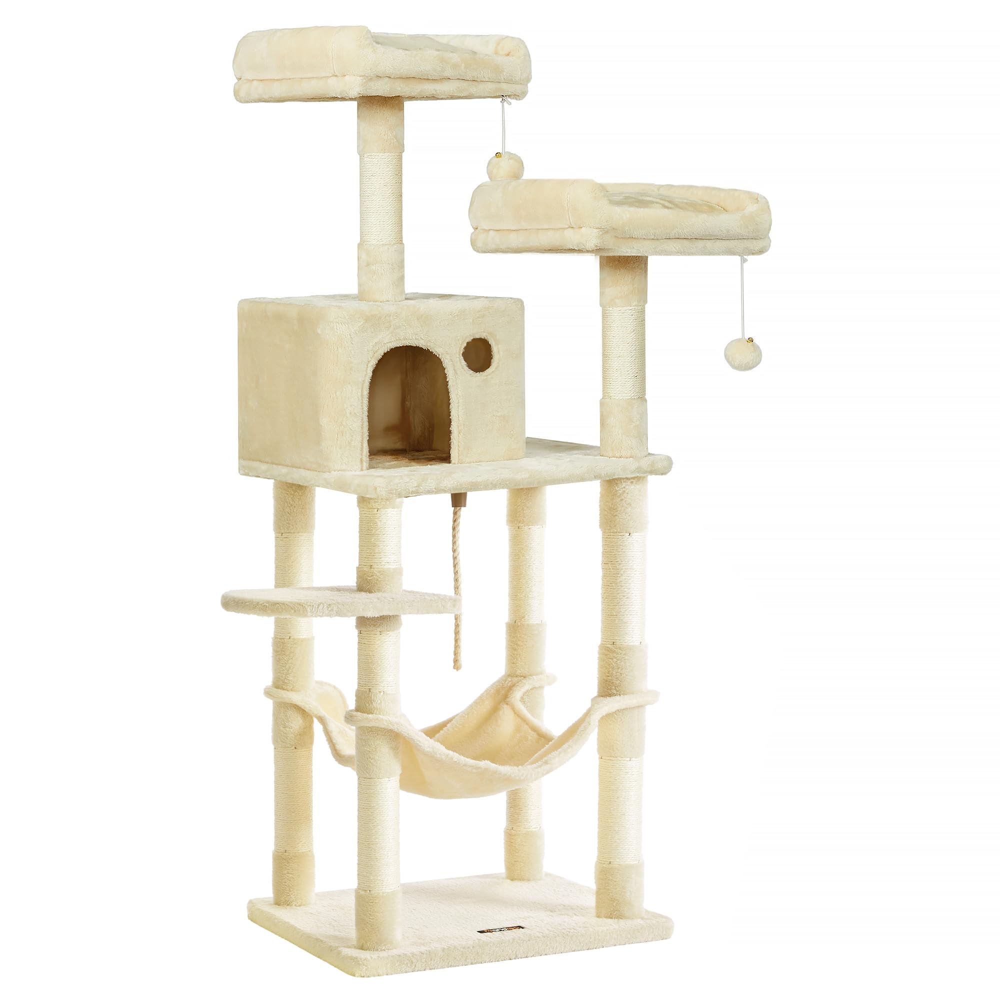 Feandrea Arbre à Chat Hauteur 143 cm, Tour de Jeux pour Chat, avec 11 Poteaux à Griffer, 2 Plateformes, 1 Niche, 1 Hamac, 2 Pompons, en Tissu Peluche, Plusieurs Niveaux, Beige PCT15BE