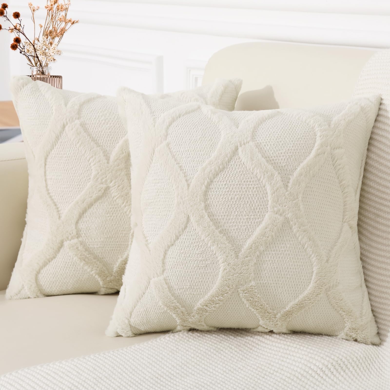 decorUhome Summer Throw Pillow Covers 18x18 Inch Set of 2, Soft Plush Faux Fur Wool Beige Accent Couch Pillow Covers for Modern Farmhouse Bed Sofa Living Room