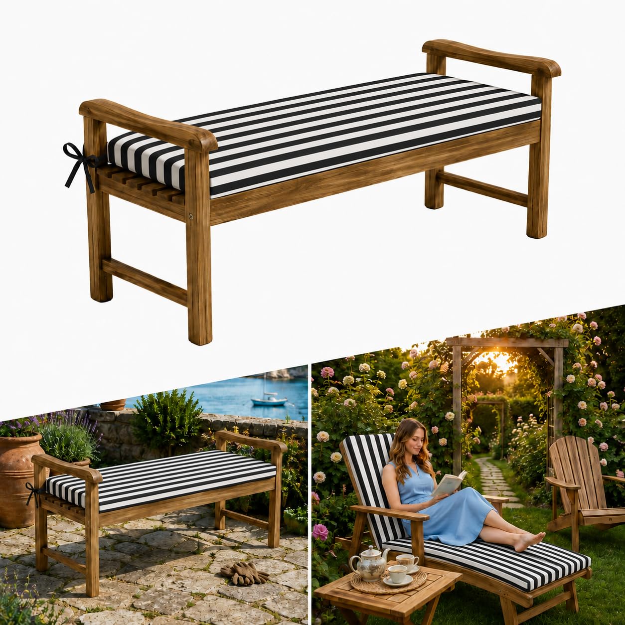 AZMAHT Waterproof Garden Bench Cushion Outdoor Furniture Cushions 2 3 4 Seater Garden Cushions 5cm Thick Bench Seat Pad with Straps & Removable Cover for Patio Swing Seat Sofa,black stripes,120x40x5cm