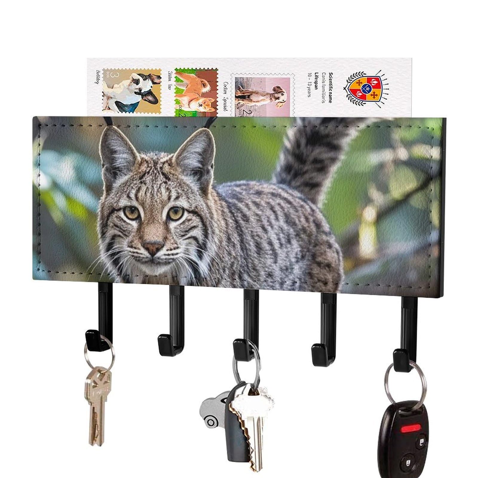 Fekiloot Black-Style Wild Bobcat Key Holder Wall Mount Key Hanger With 5 Hooks Decorative Key Rack Hanging Key Hooks With Mail Organizer Key Holder For Wall Living Room Kitchen Bathroom Hallway Black