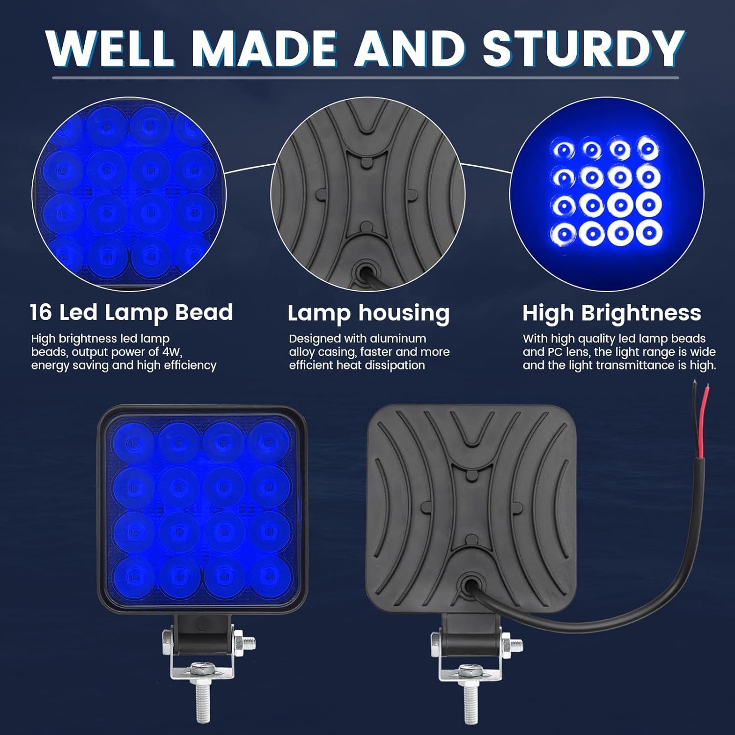 Phares de Travail Antibrouillard LED Ultra-lumineux, Lot de 2 Barres Lumineuses LED Carrées, pour SUV, Quad, 4x4, Bateau, Camion, Tracteur, Projecteurs de Conduite(Bleu)