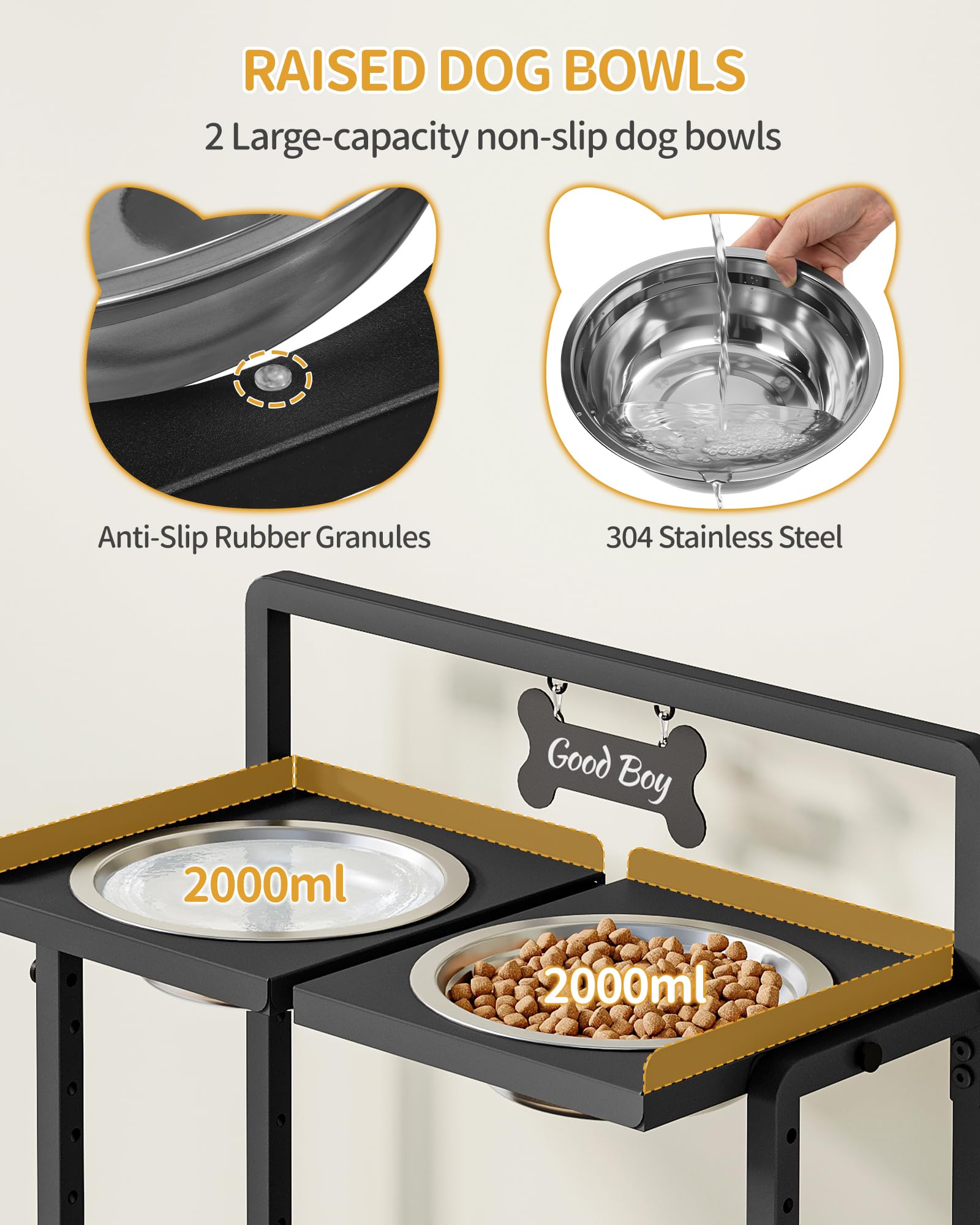 Hzuaneri Cuencos elevados para Perros, 6 tazones de Altura Ajustable con 2 Cuencos de Acero Inoxidable de 2000 ml, Comedero para Perros Grandes, Negro PB89099B